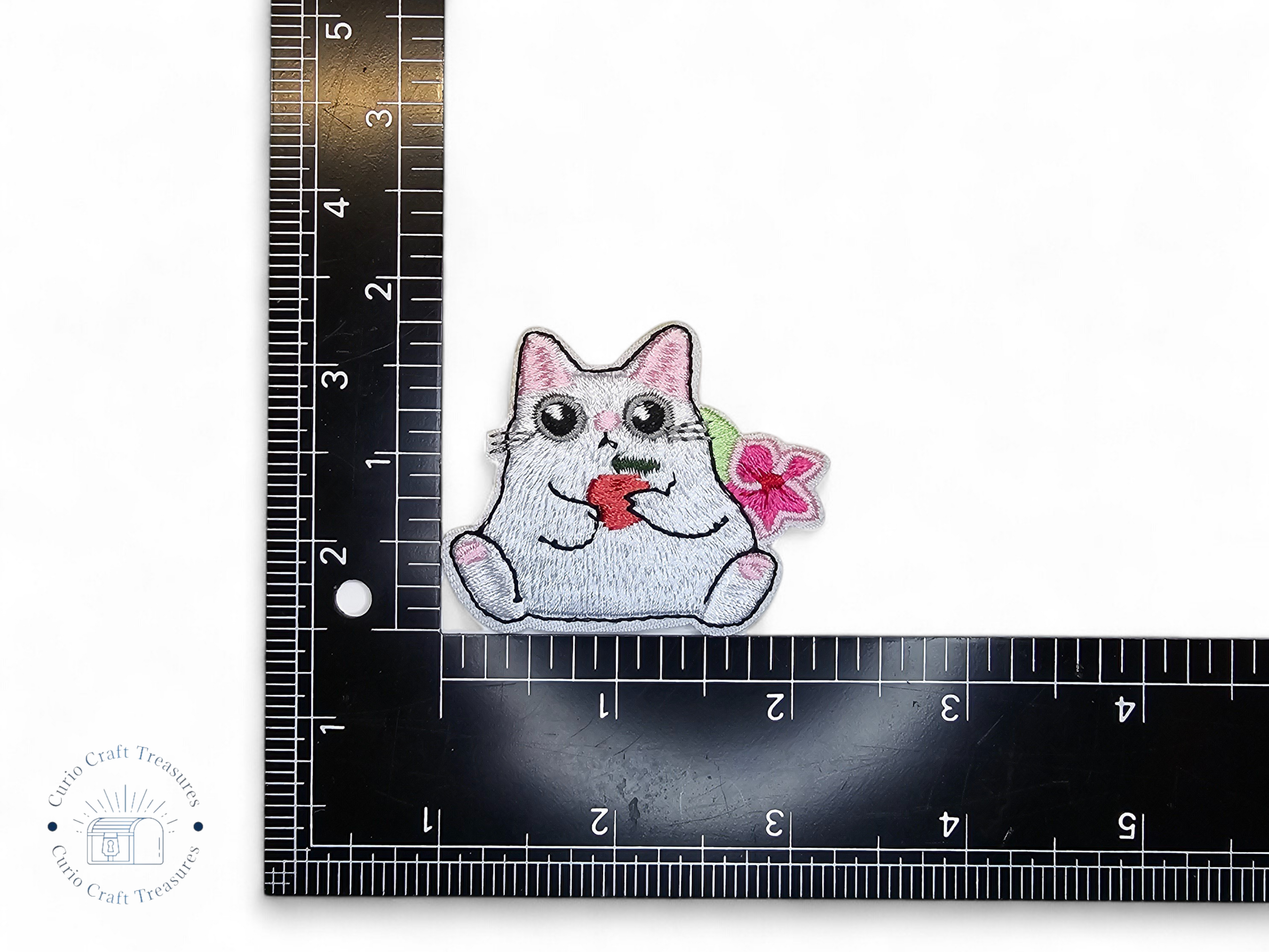 Embroided Patch, Iron on, Glue, Craft supply, Embroidery, Fabric, Cat, cute, animal, white, strawberry, flower, cherry