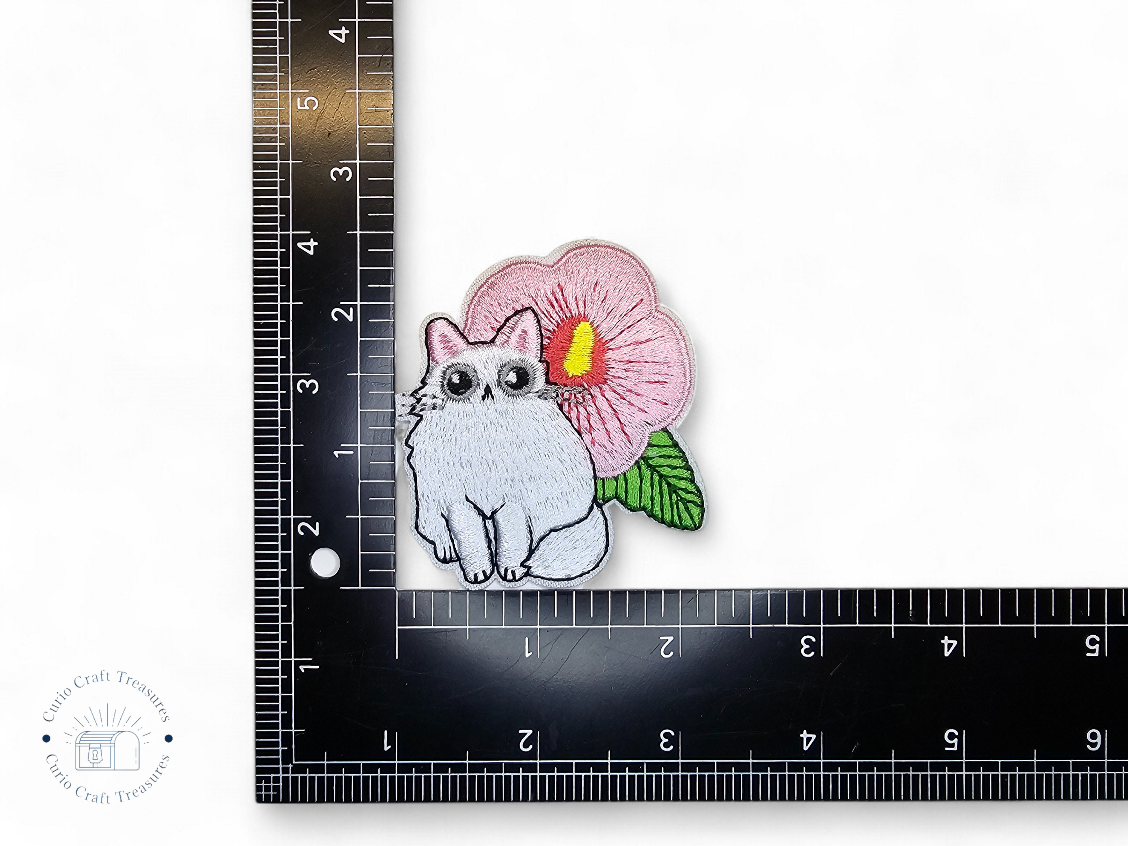 Embroided Patch, Iron on, Glue, Craft supply, Embroidery, Fabric, Cat, cute, animal, white, strawberry, flower, cherry