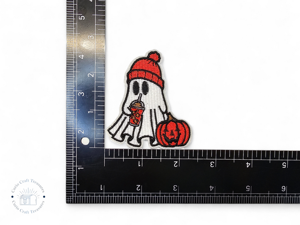 Écusson brodé, thermocollant, colle, matériel de loisirs créatifs, broderie, tissu, gothique, Halloween, effrayant, fantôme, citrouille, chapeau, livre, chat, chien, café