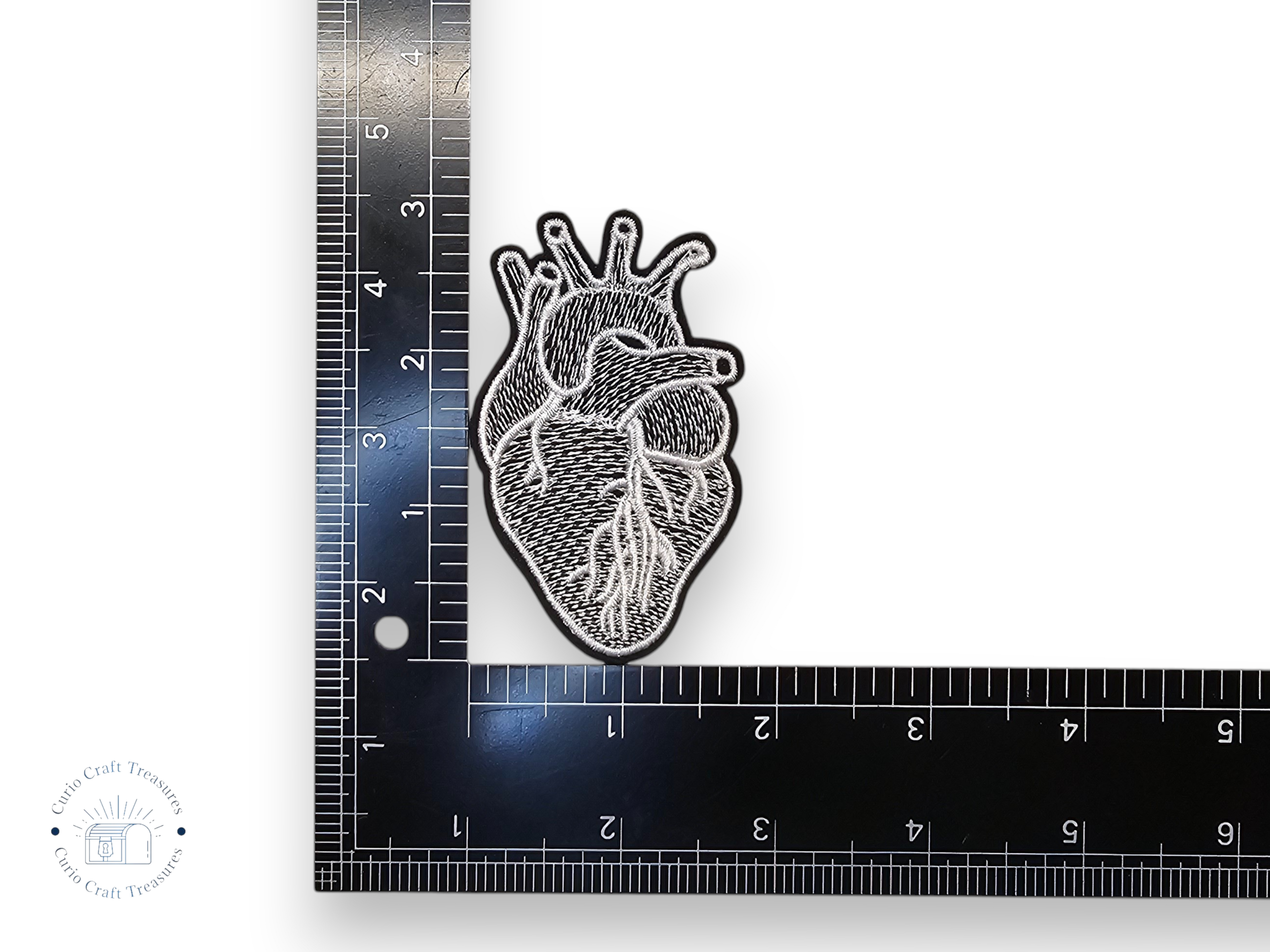 Embroided Patch, Iron on, Glue, Craft supply, Embroidery, Fabric, Heart, anatomic, realistic, red, white, gray