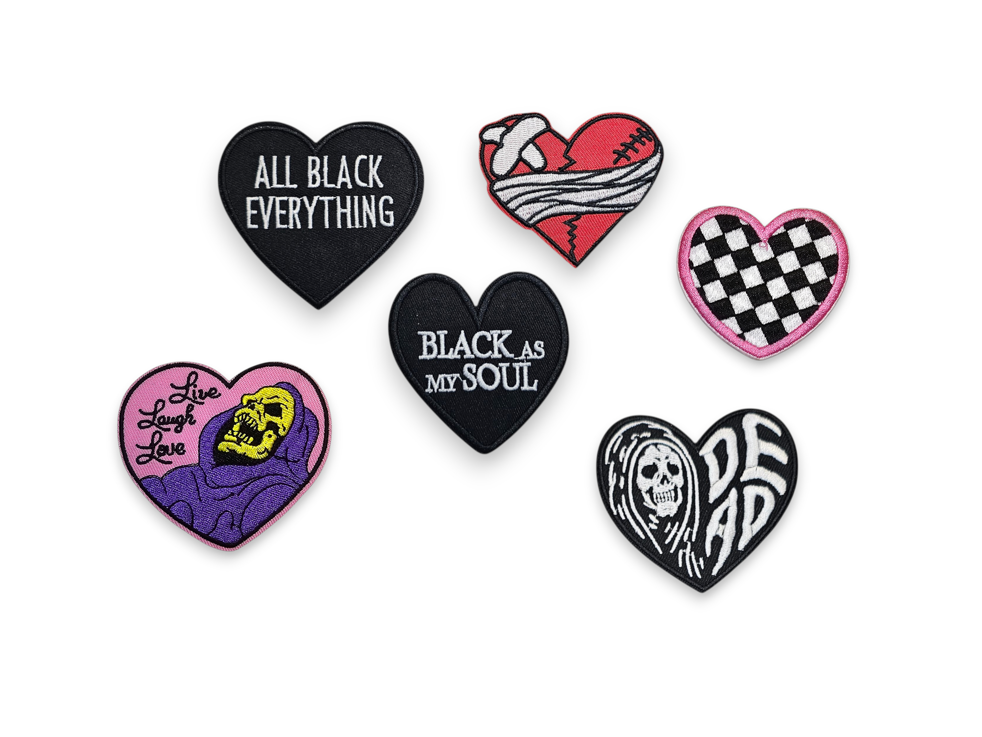 Embroided Patch, Iron on, Glue, Craft supply, Embroidery, Fabric, Heart, Black, Live laugh love, dead, checker, broken