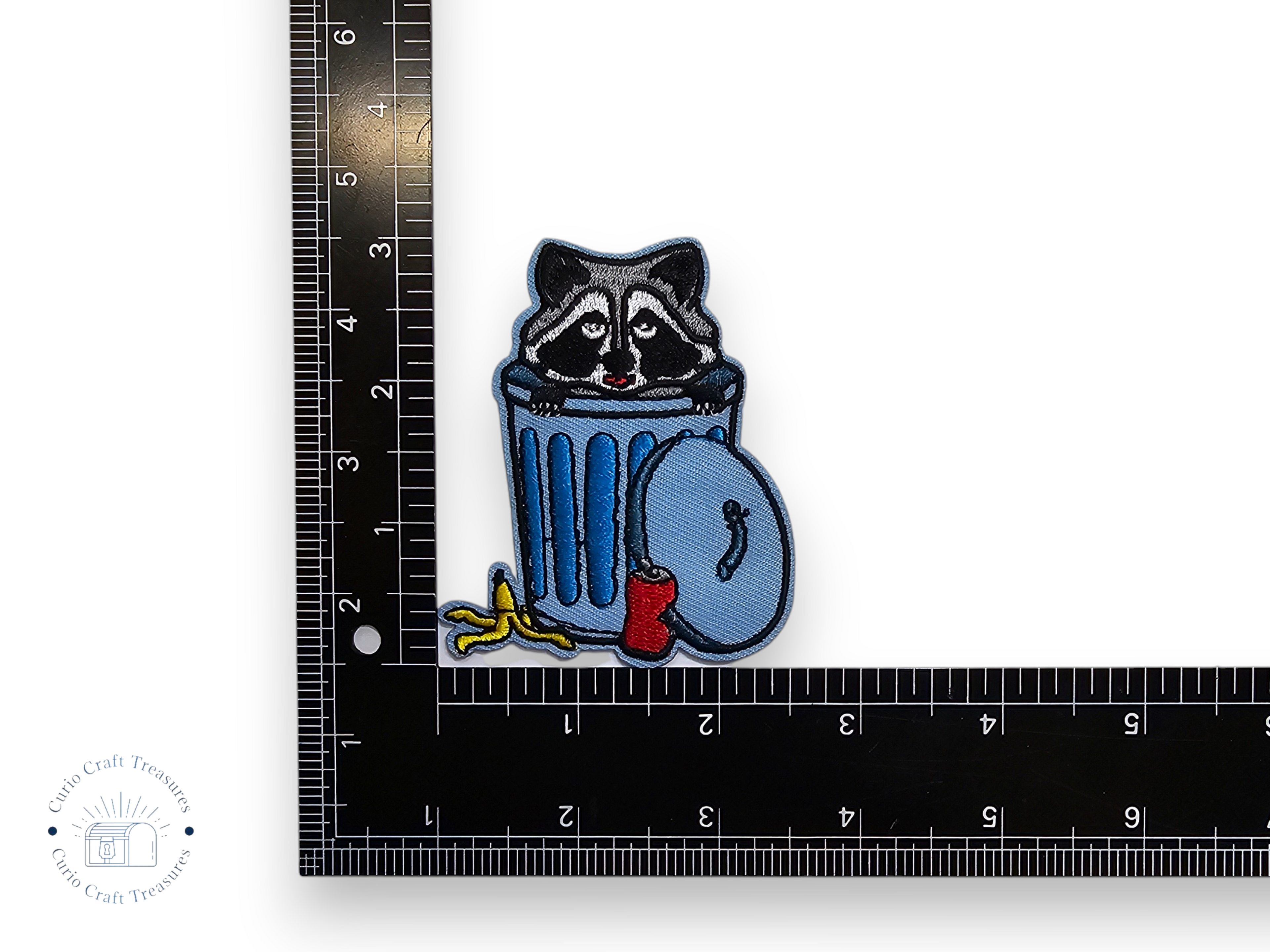 Embroided Patch, Iron on, Glue, Craft supply, Embroidery, Fabric, Raccoon, Possum, Opossum, Garbage, Chaos, Play dead, Eat the rich, Punk, Weird, crazy, trash can, trashy