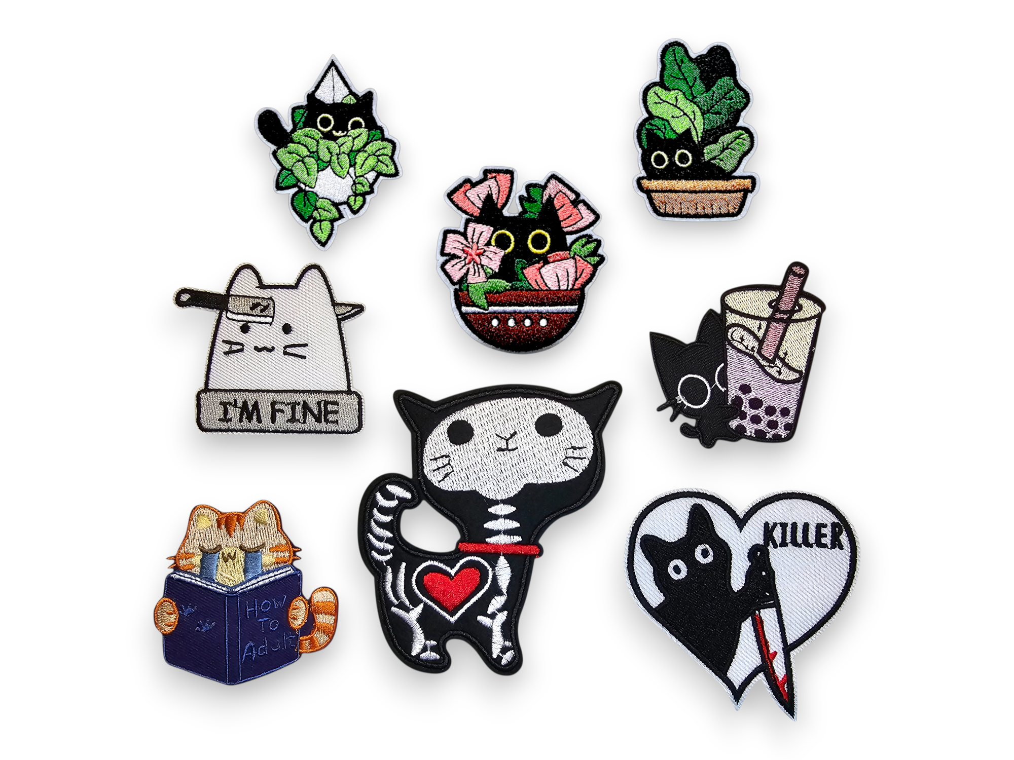 Embroided Patch, Iron on, Glue, Craft supply, Embroidery, Fabric, Cat, cute, animal, white, Plant, flower, bubble tea, knife, killer, adult, skeleton, i'm fine