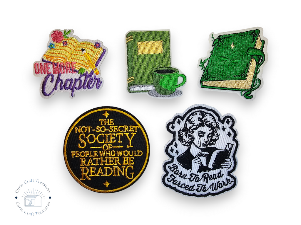 Embroided Patch, Iron on, Glue, Craft supply, Embroidery, Fabric, Book, Reading, One more chapter, Coffee, Spellbook, society, born to read