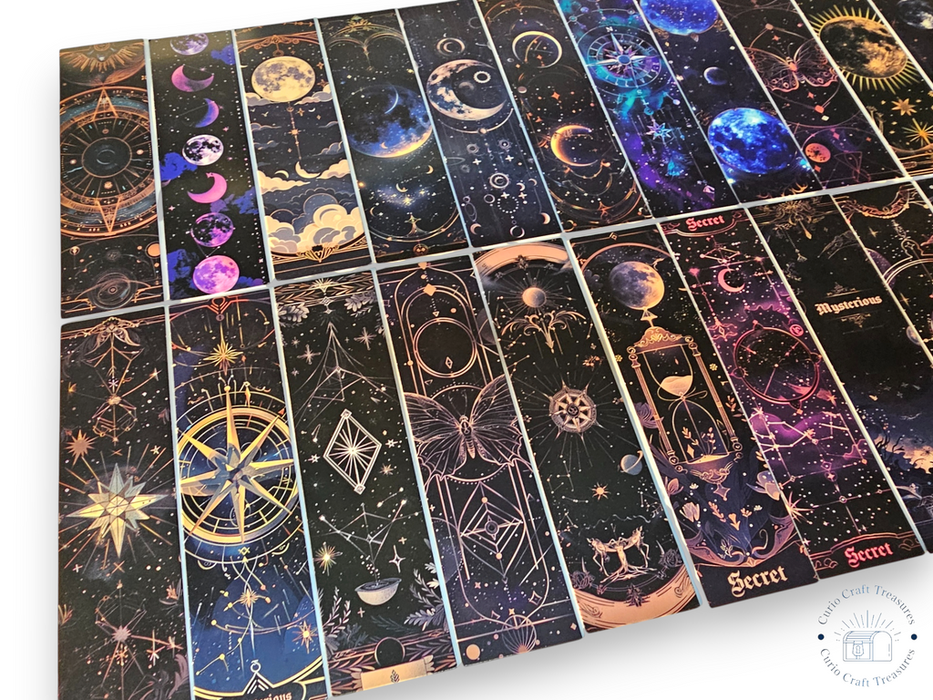 Paquete de 5, Marcapáginas, cartón, manualidades de papel, scrapbooking, Luna, Estrellas, Morado, Dorado, Oscuro, Cielo, Astrología, Tarot, Gótico, Creativo, ALEATORIO
