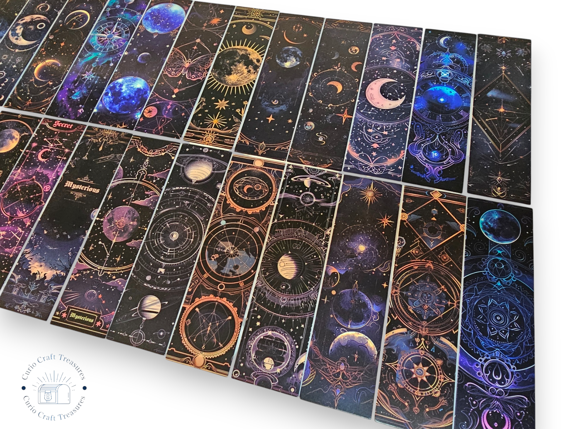 Paquete de 5, Marcapáginas, cartón, manualidades de papel, scrapbooking, Luna, Estrellas, Morado, Dorado, Oscuro, Cielo, Astrología, Tarot, Gótico, Creativo, ALEATORIO