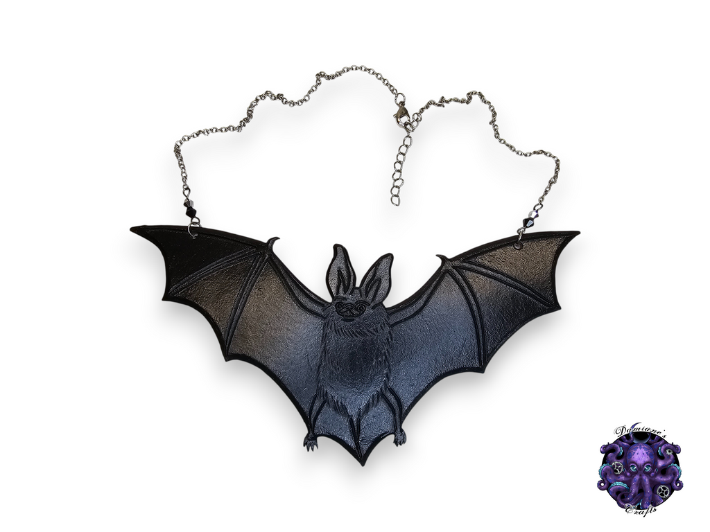Real leather, necklace, pendant, Bat, swarovski crystal, chain, black, gothic, vampire, halloween