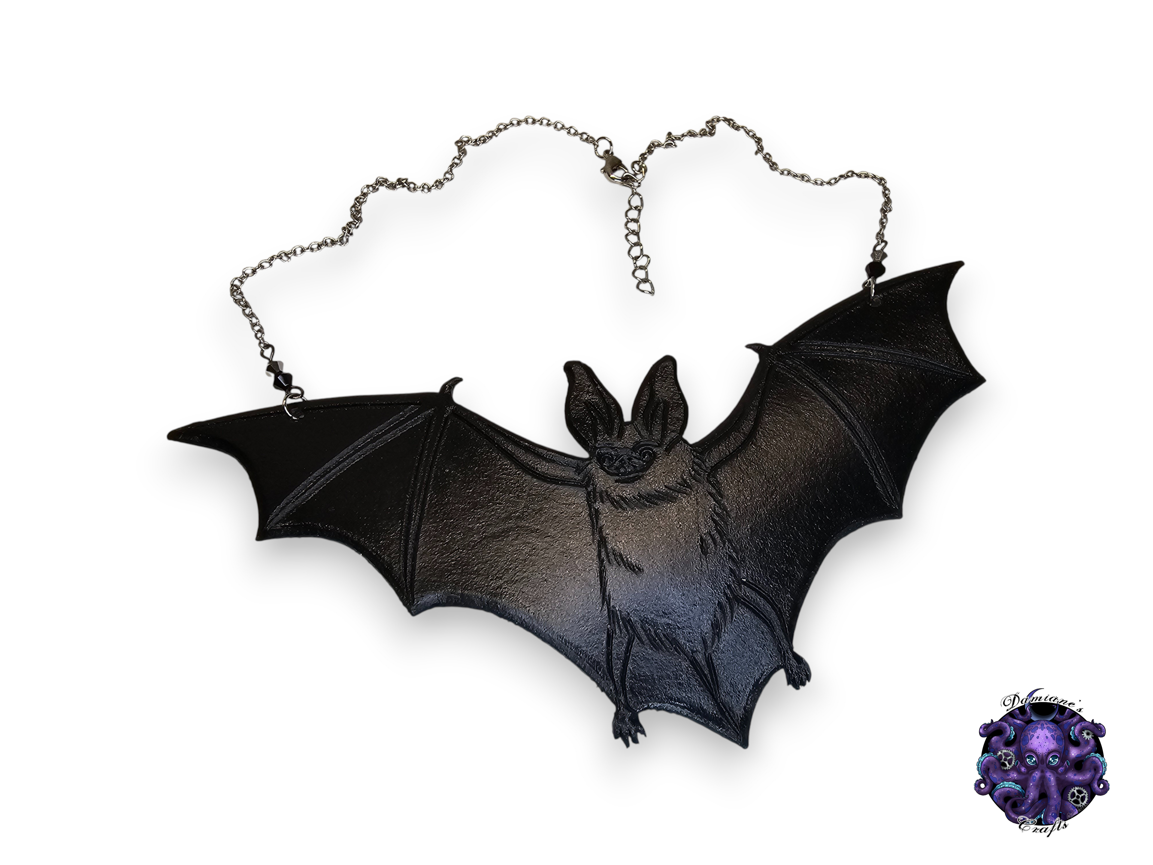 Real leather, necklace, pendant, Bat, swarovski crystal, chain, black, gothic, vampire, halloween