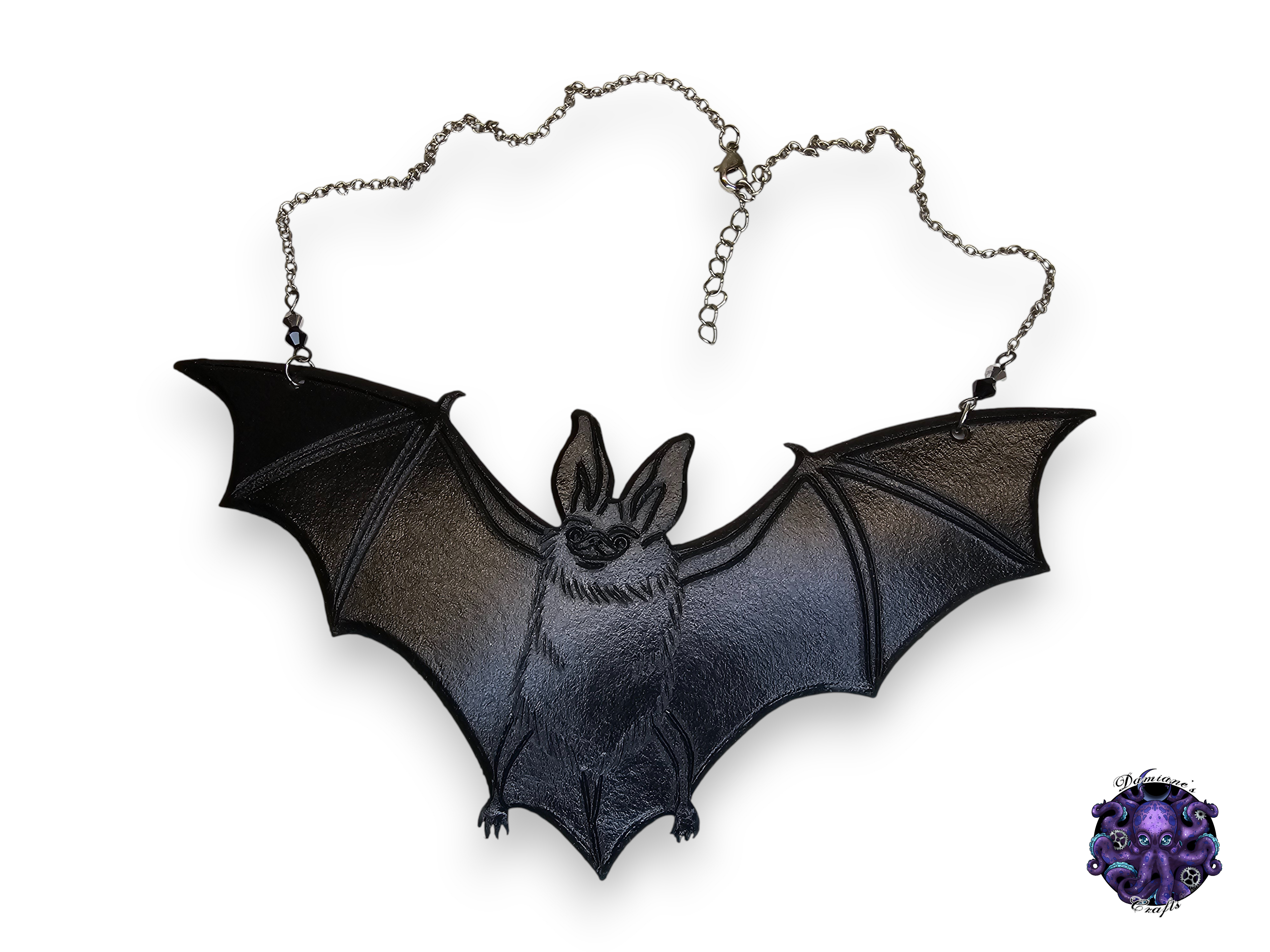 Real leather, necklace, pendant, Bat, swarovski crystal, chain, black, gothic, vampire, halloween