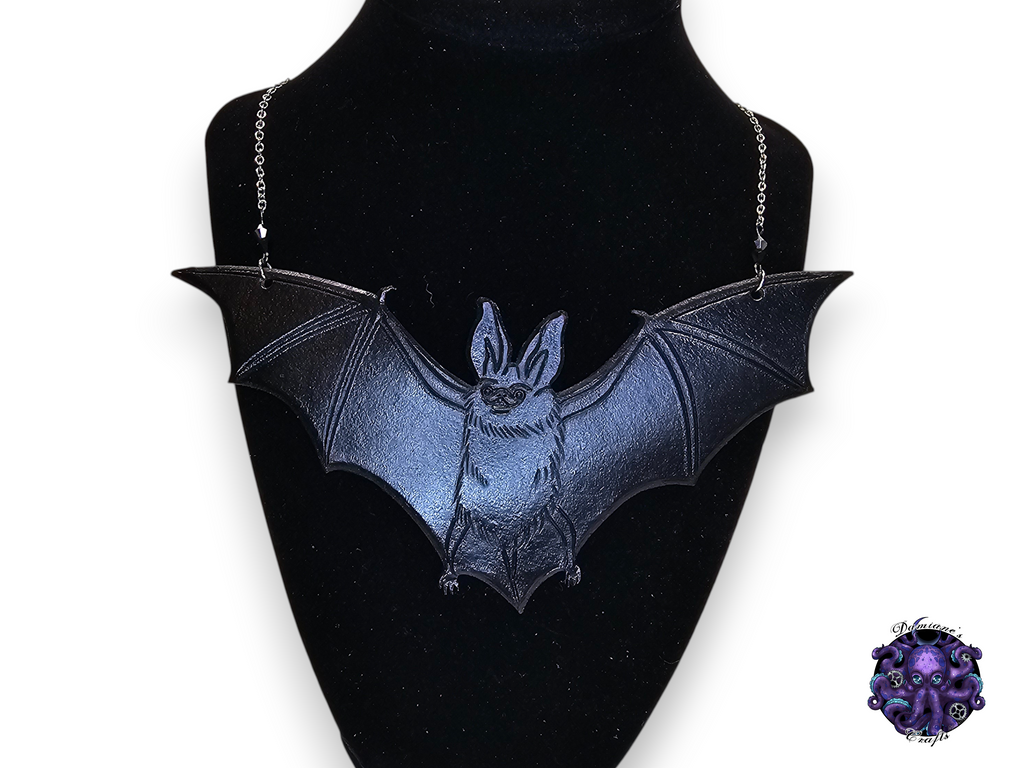 Real leather, necklace, pendant, Bat, swarovski crystal, chain, black, gothic, vampire, halloween