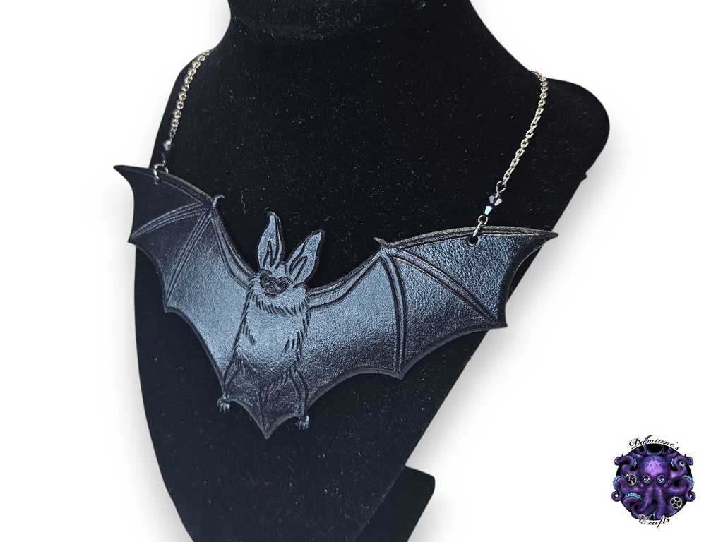 Real leather, necklace, pendant, Bat, swarovski crystal, chain, black, gothic, vampire, halloween