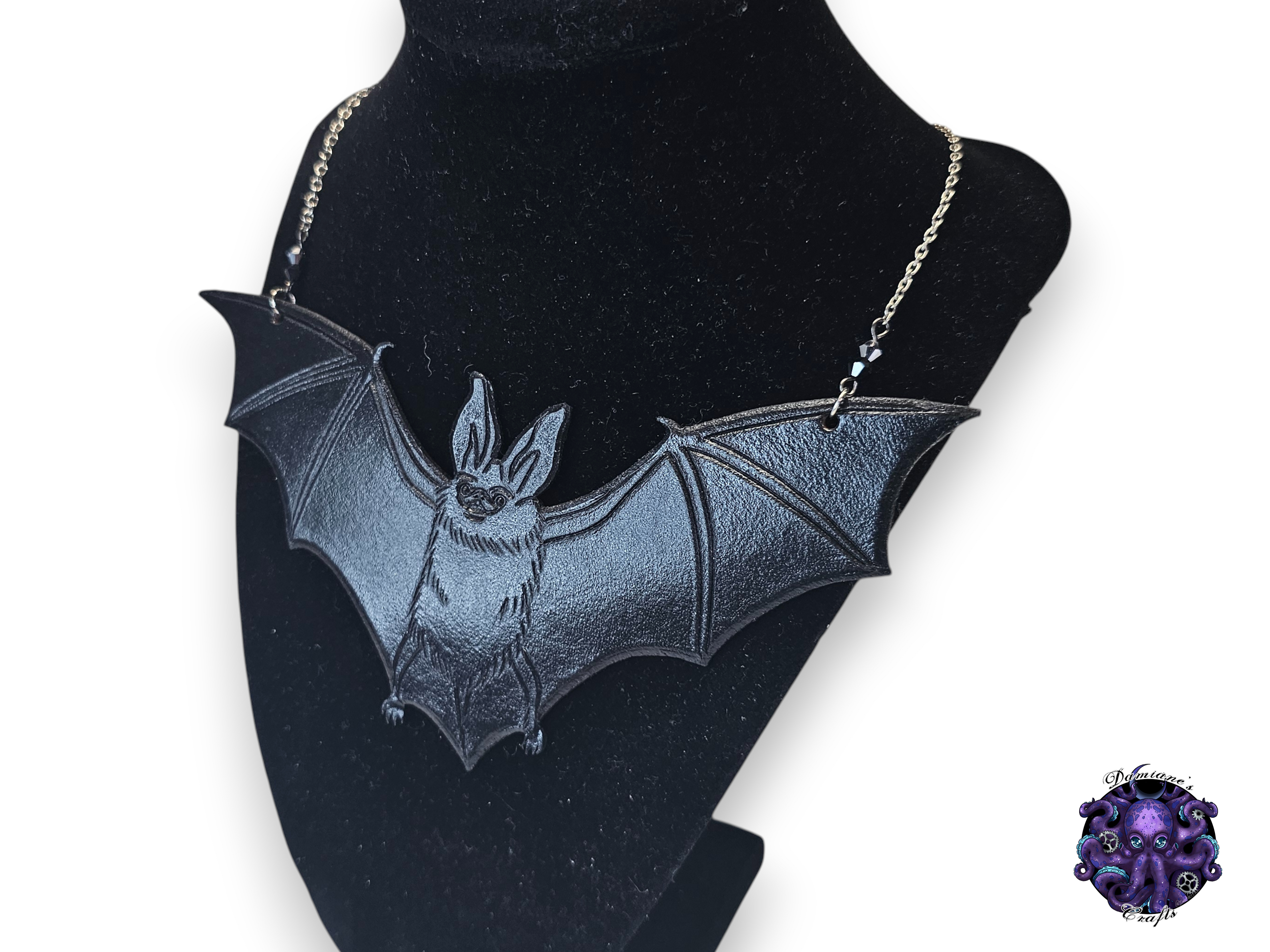 Real leather, necklace, pendant, Bat, swarovski crystal, chain, black, gothic, vampire, halloween
