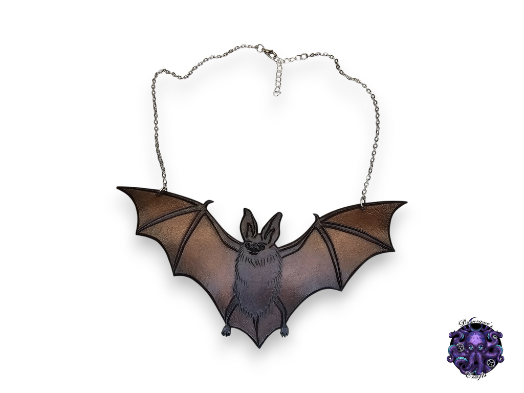 Real leather, necklace, pendant, Bat, swarovski crystal, chain, black, gothic, vampire, halloween