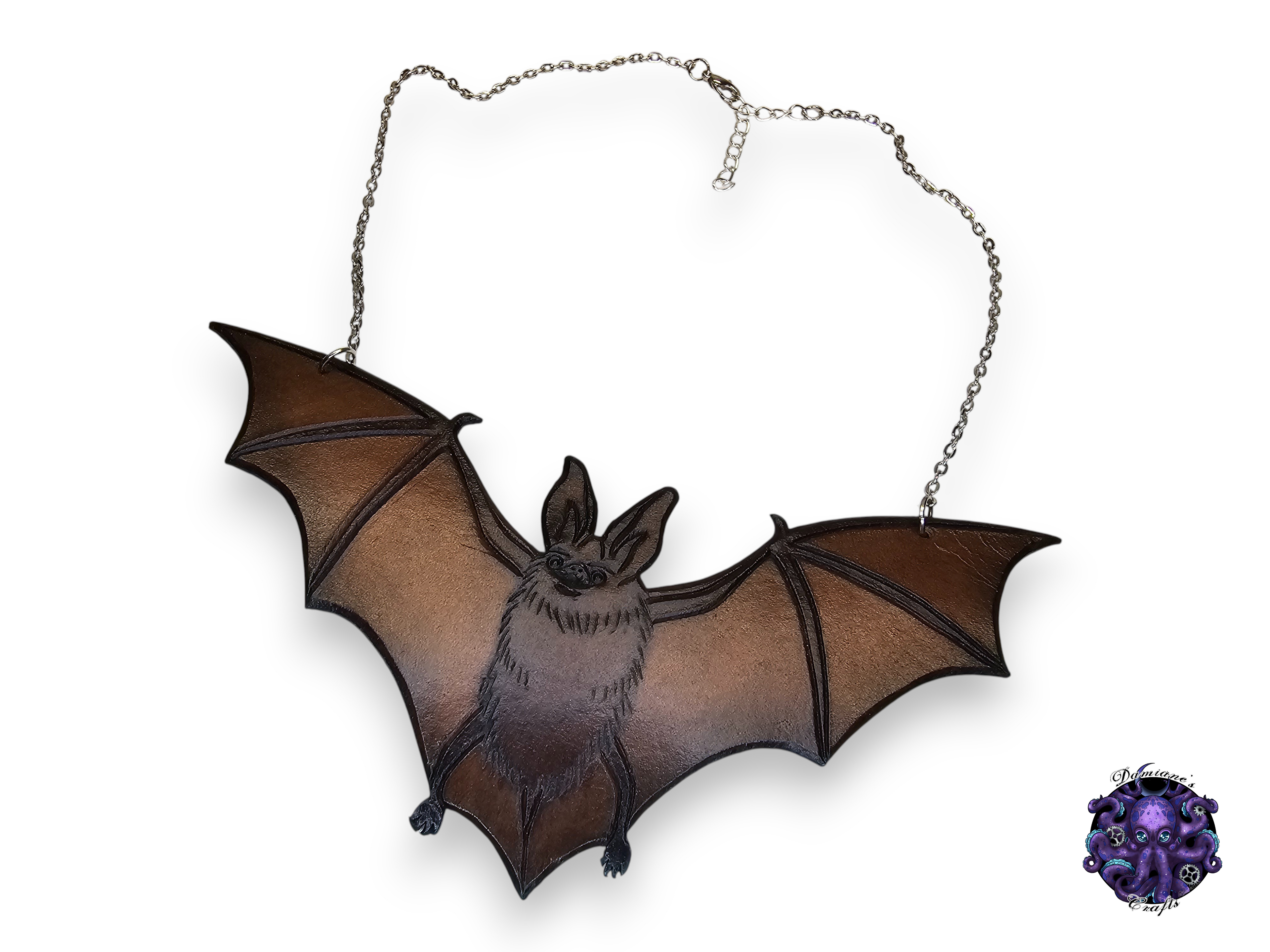 Real leather, necklace, pendant, Bat, swarovski crystal, chain, black, gothic, vampire, halloween