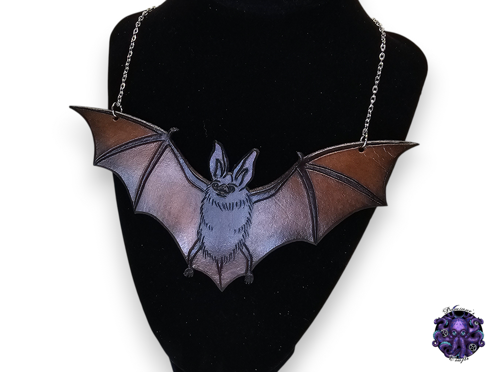 Real leather, necklace, pendant, Bat, swarovski crystal, chain, black, gothic, vampire, halloween