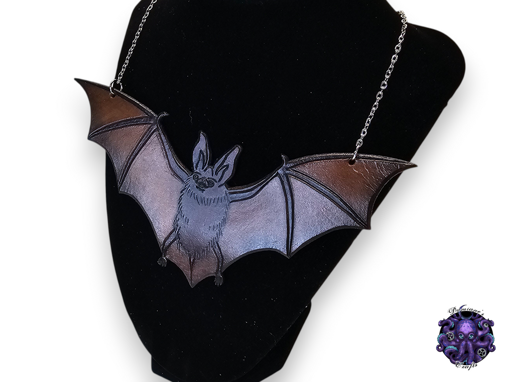 Real leather, necklace, pendant, Bat, swarovski crystal, chain, black, gothic, vampire, halloween