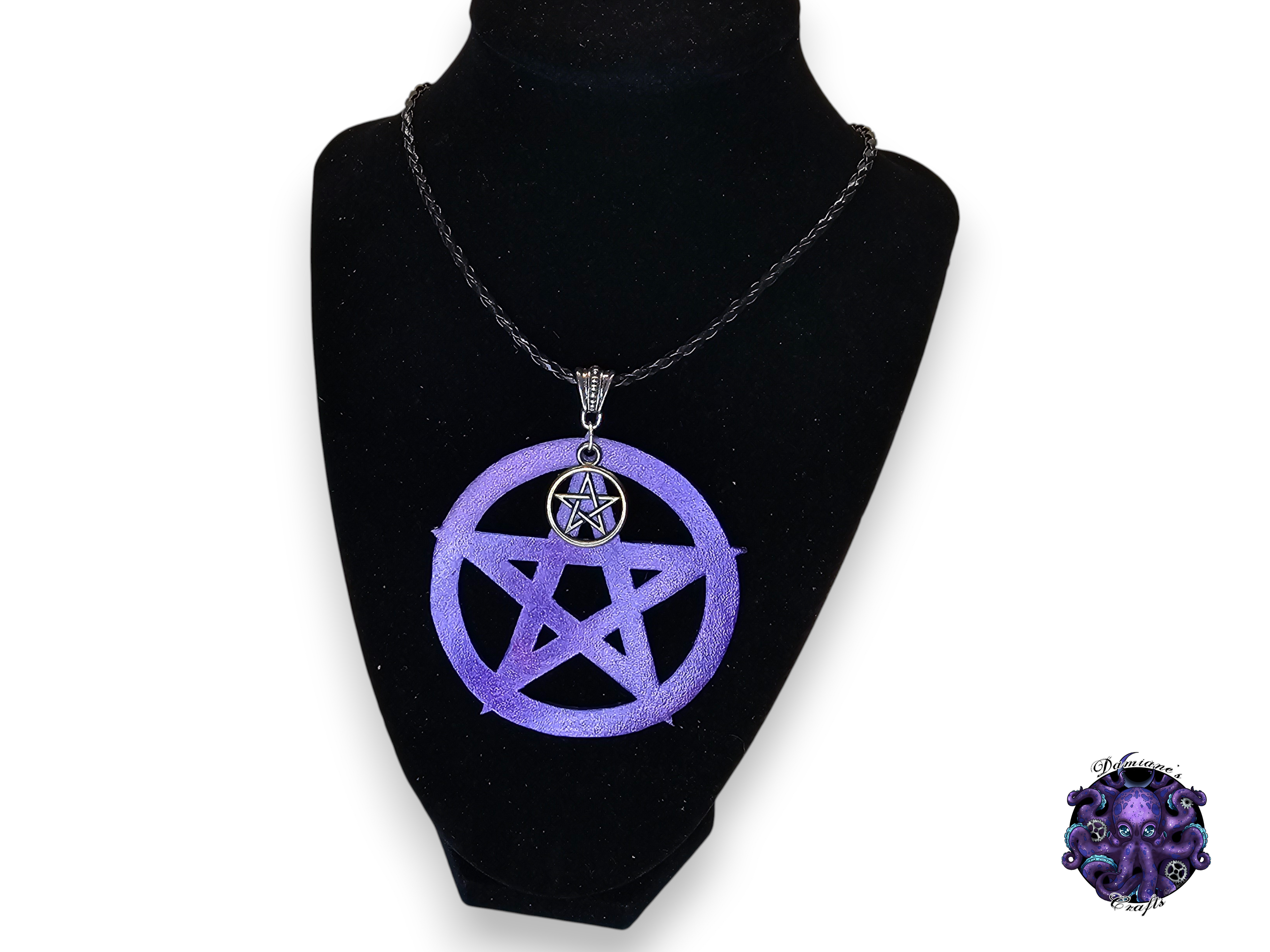 Real leather, pendant, pentagram, pentacle, magic symbol, purple, necklace, jewelry
