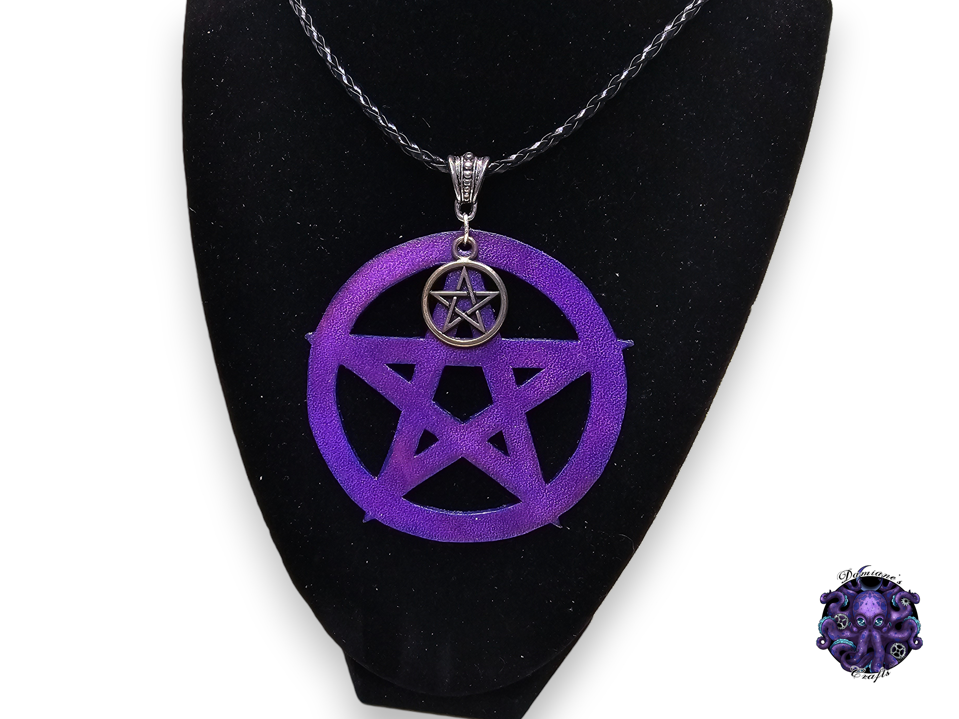 Real leather, pendant, pentagram, pentacle, magic symbol, purple, necklace, jewelry