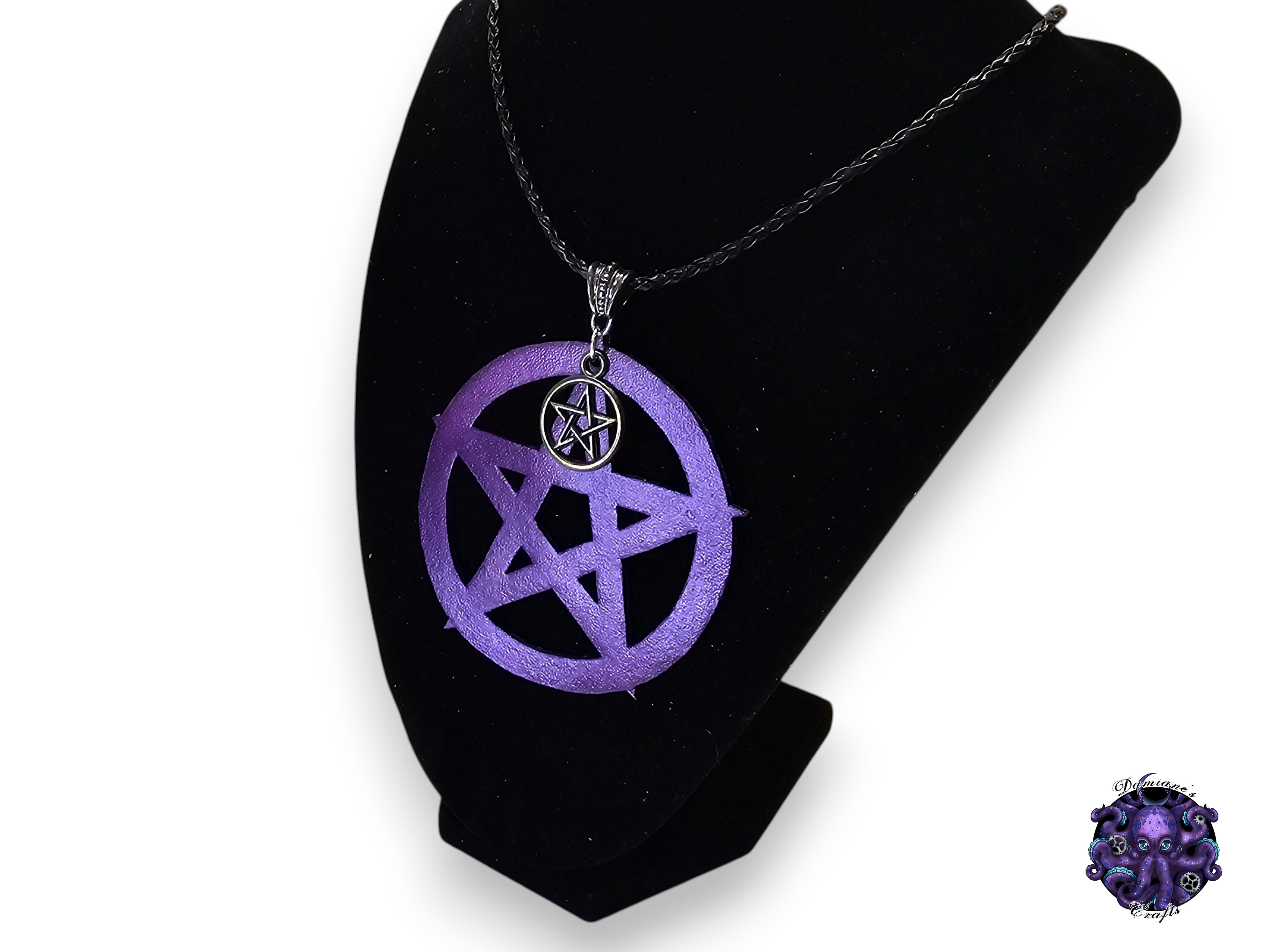 Real leather, pendant, pentagram, pentacle, magic symbol, purple, necklace, jewelry