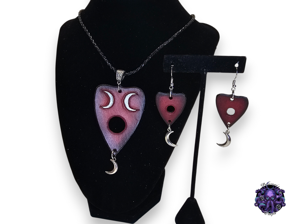 Real leather, neckacle and earrings, kit, Ouija planchette, crescent moon, magic, gothic