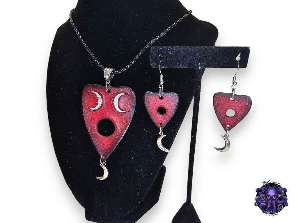 Real leather, neckacle and earrings, kit, Ouija planchette, crescent moon, magic, gothic