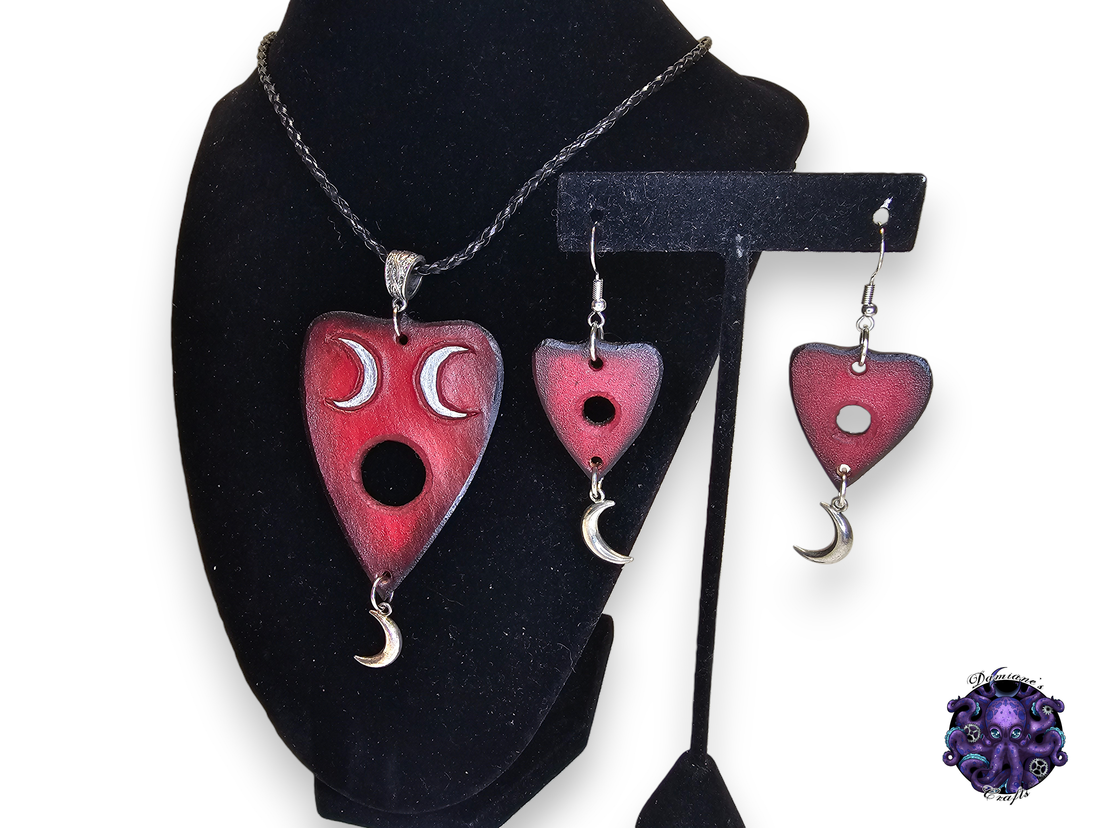 Real leather, neckacle and earrings, kit, Ouija planchette, crescent moon, magic, gothic