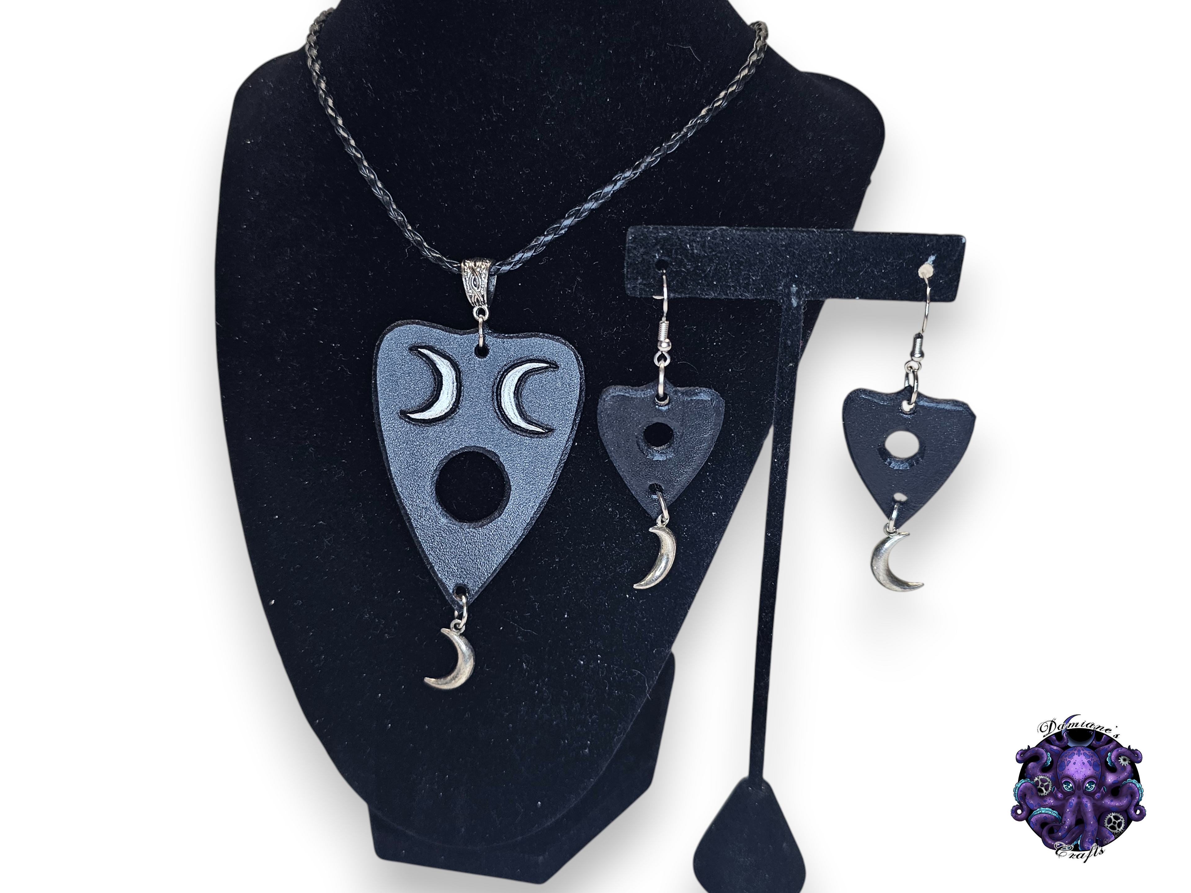 Real leather, neckacle and earrings, kit, Ouija planchette, crescent moon, magic, gothic