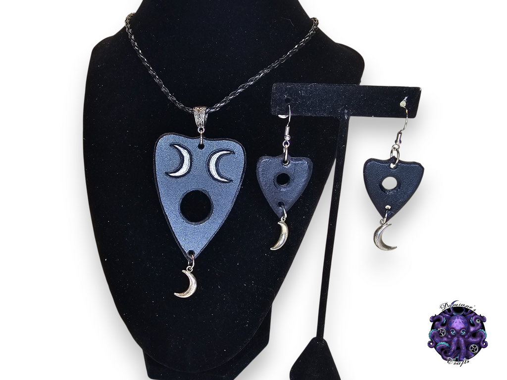 Real leather, neckacle and earrings, kit, Ouija planchette, crescent moon, magic, gothic