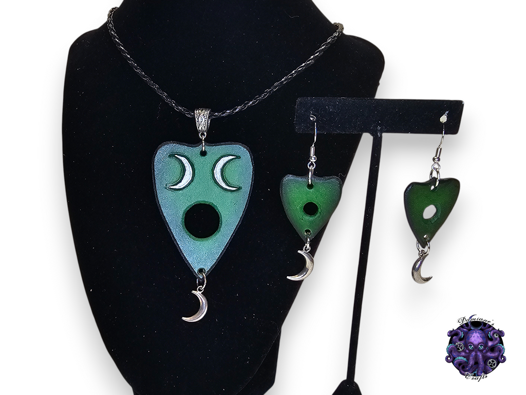 Real leather, neckacle and earrings, kit, Ouija planchette, crescent moon, magic, gothic