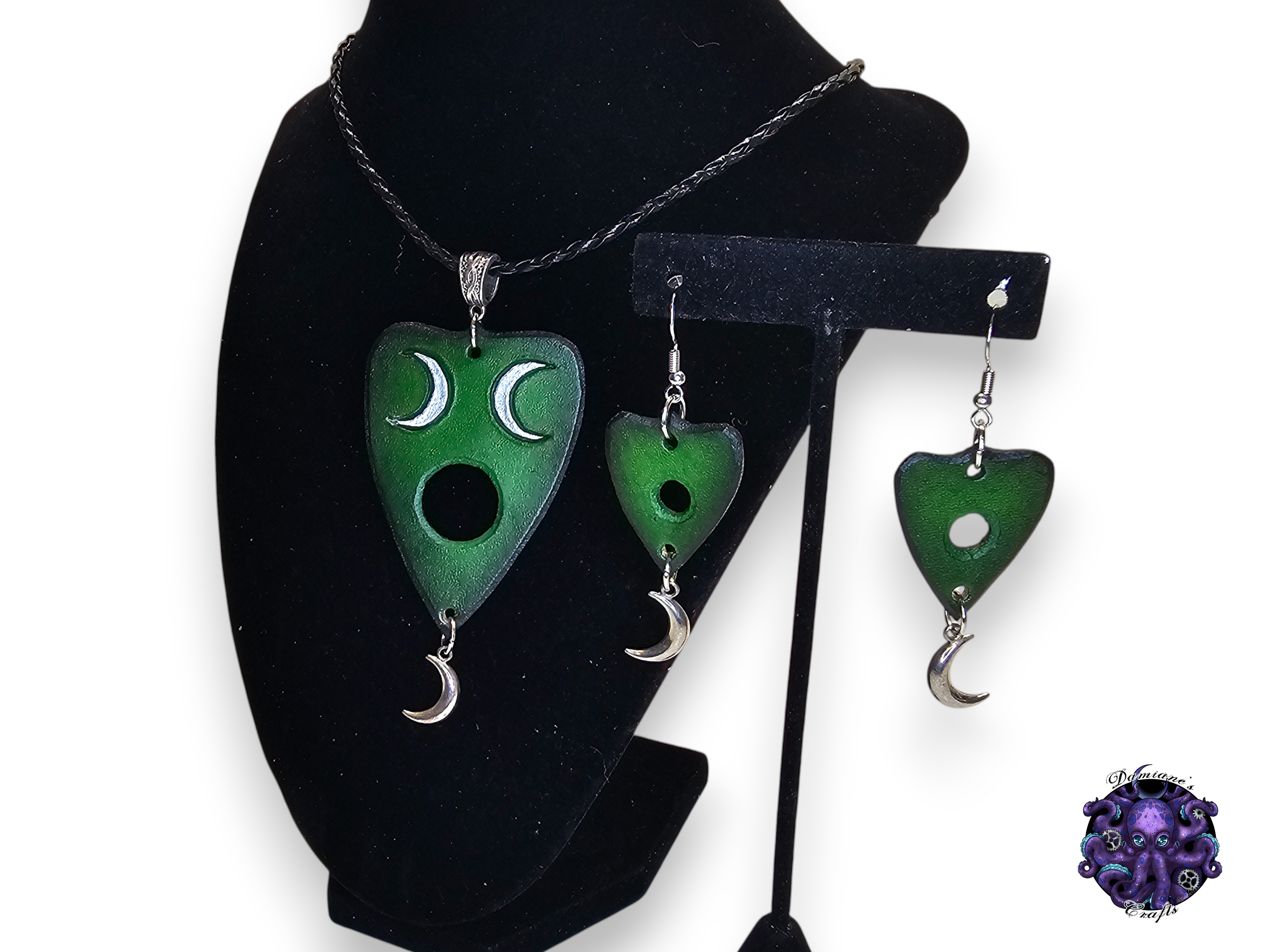 Real leather, neckacle and earrings, kit, Ouija planchette, crescent moon, magic, gothic