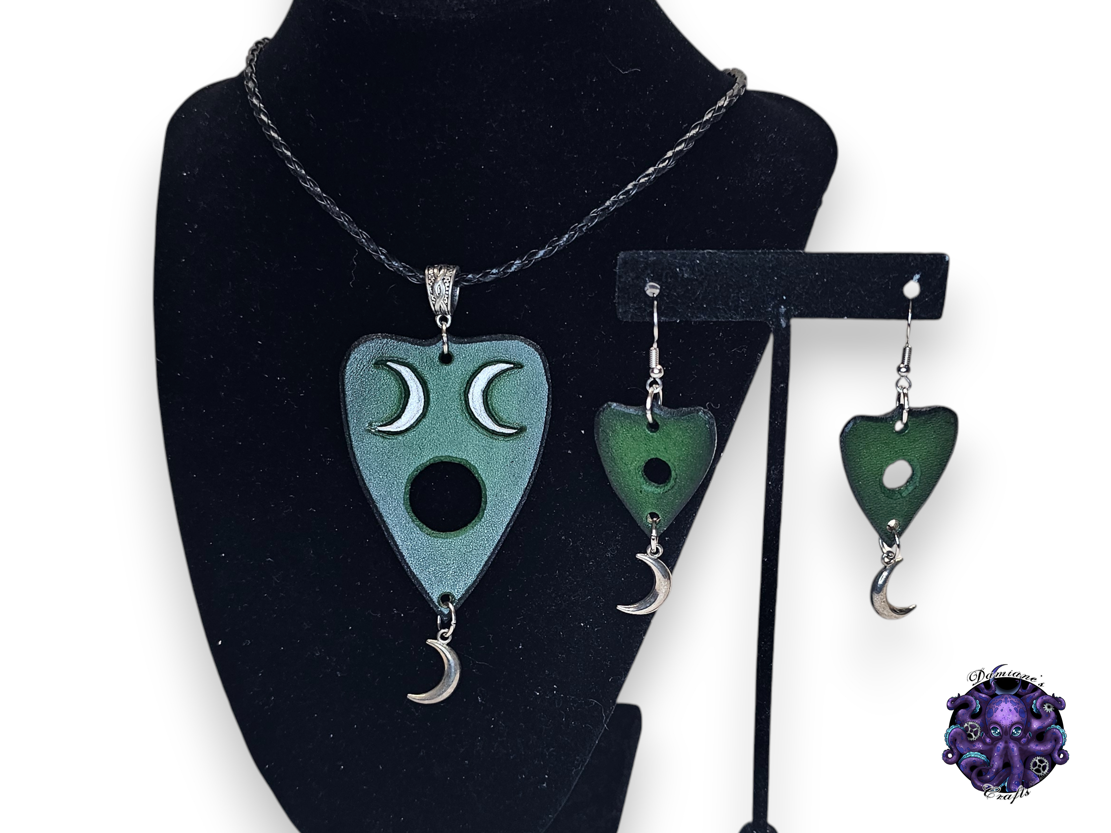 Real leather, neckacle and earrings, kit, Ouija planchette, crescent moon, magic, gothic