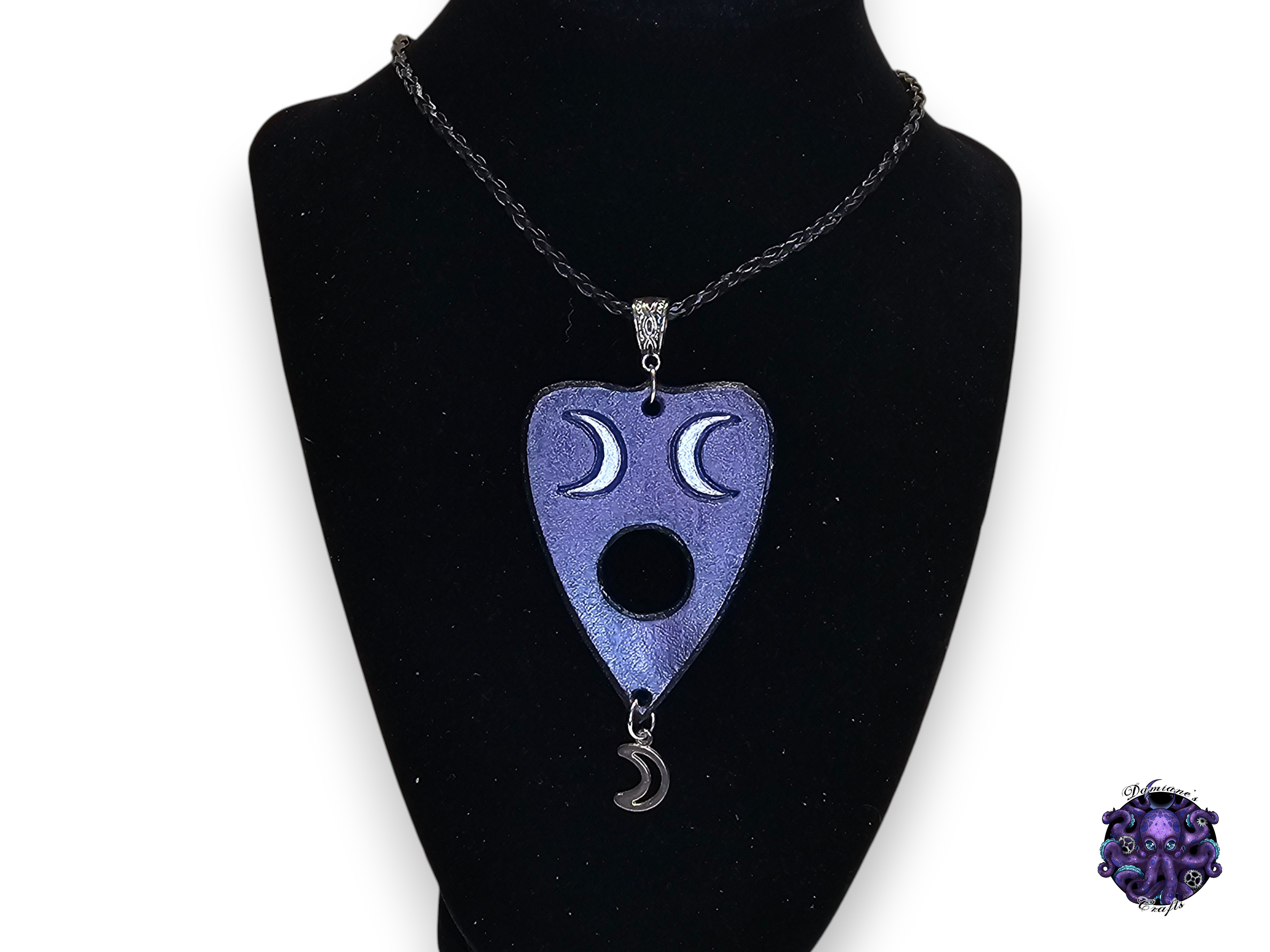 Real leather, neckacle, Ouija planchette, crescent moon, magic, gothic, Purple