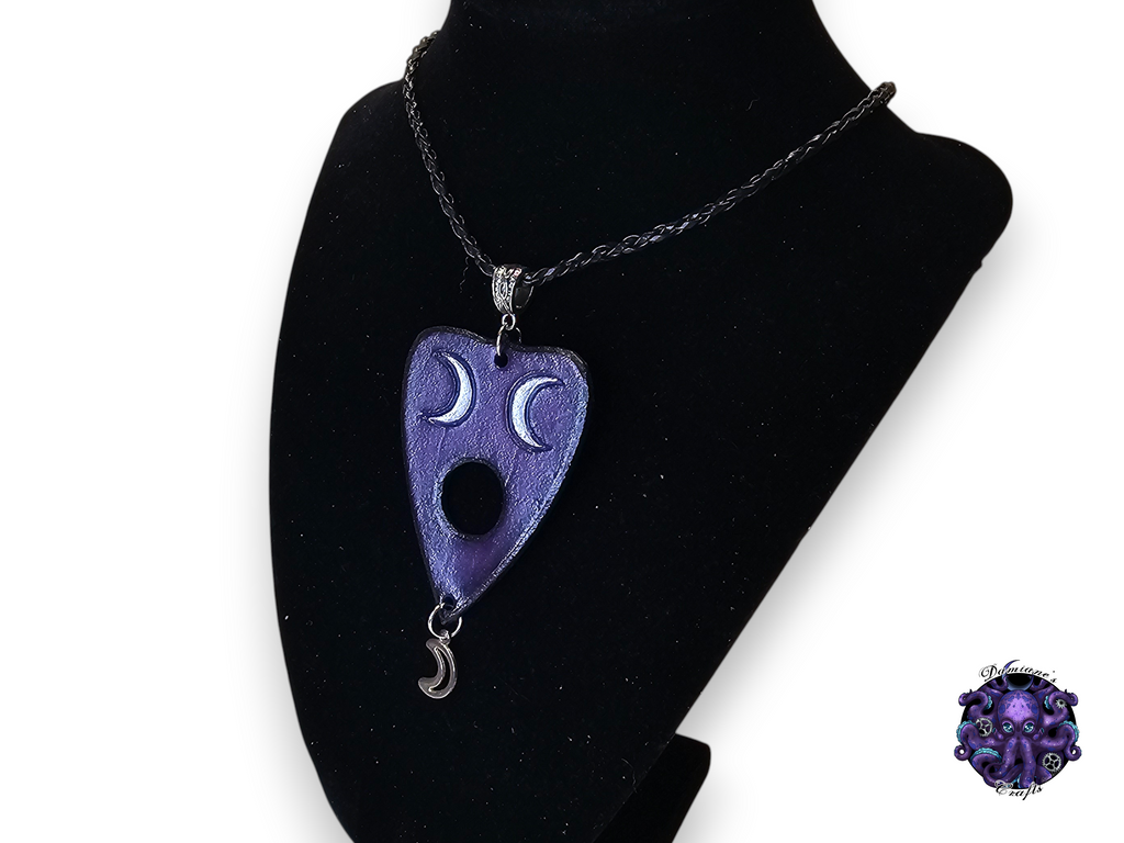 Real leather, neckacle, Ouija planchette, crescent moon, magic, gothic, Purple