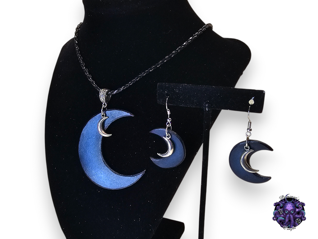 Ensemble collier et boucles d'oreilles en cuir véritable, motif croissant de lune, magie, gothique, wicca, déesse