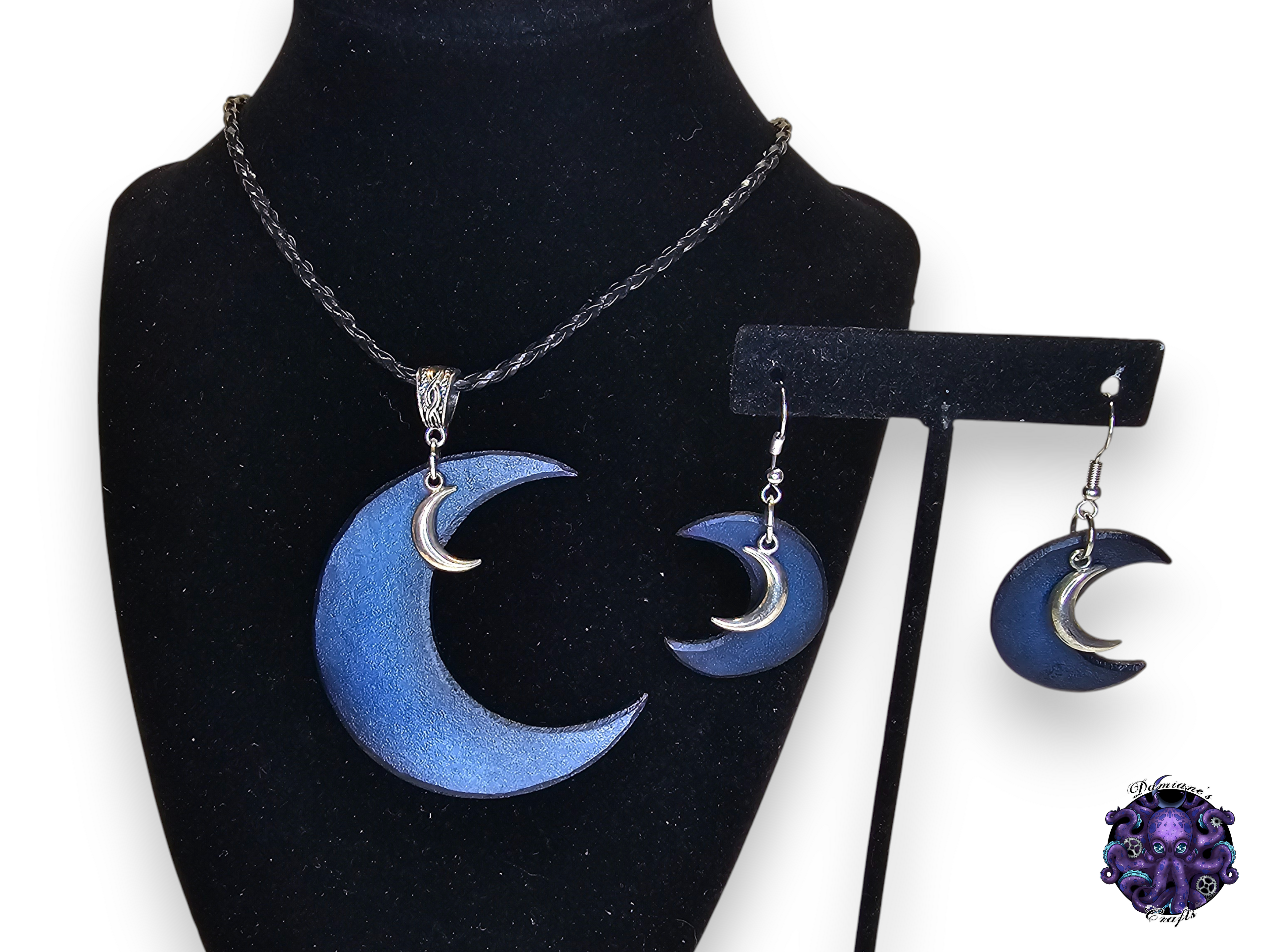 Real leather, neckacle and earrings, kit, Crescent moon, magic, gothic, wicca, goddess