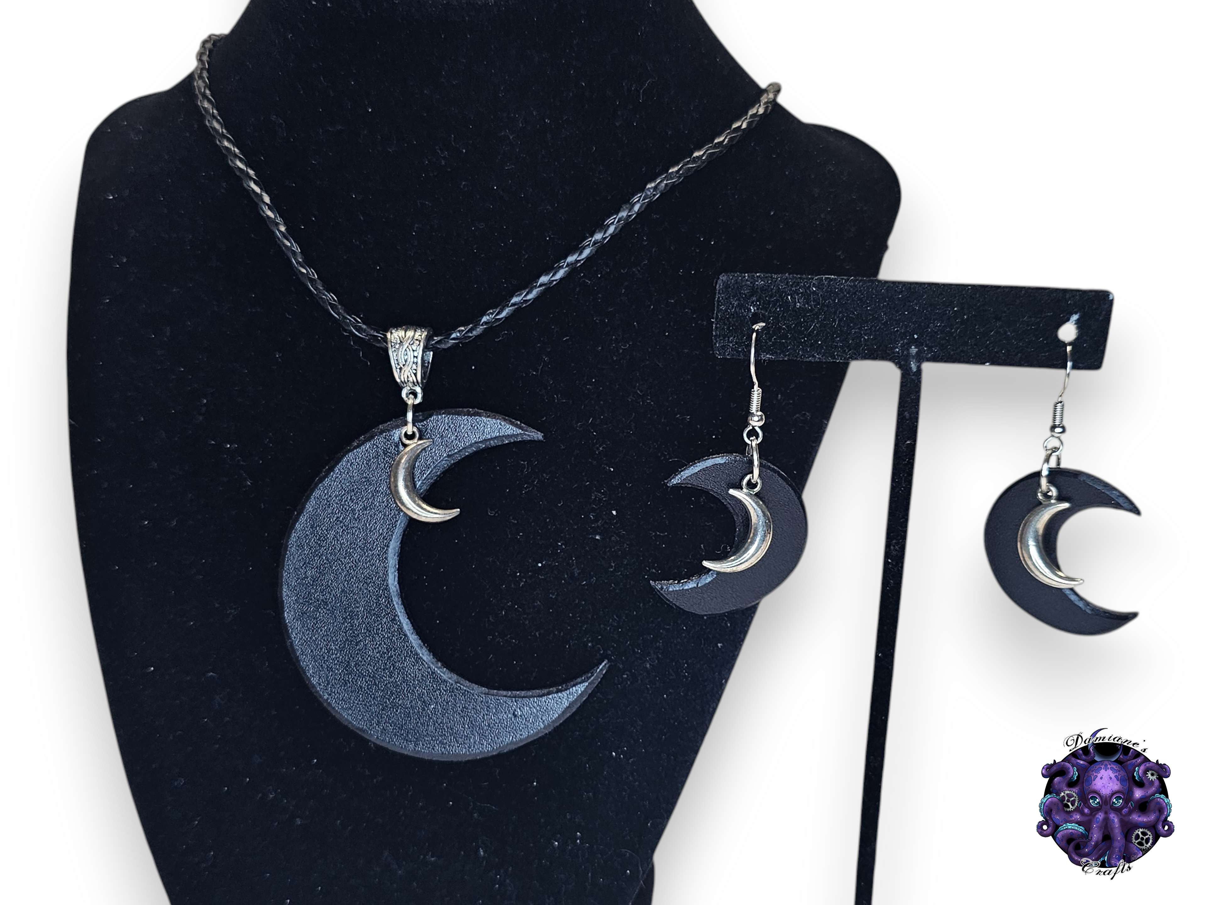 Ensemble collier et boucles d'oreilles en cuir véritable, motif croissant de lune, magie, gothique, wicca, déesse