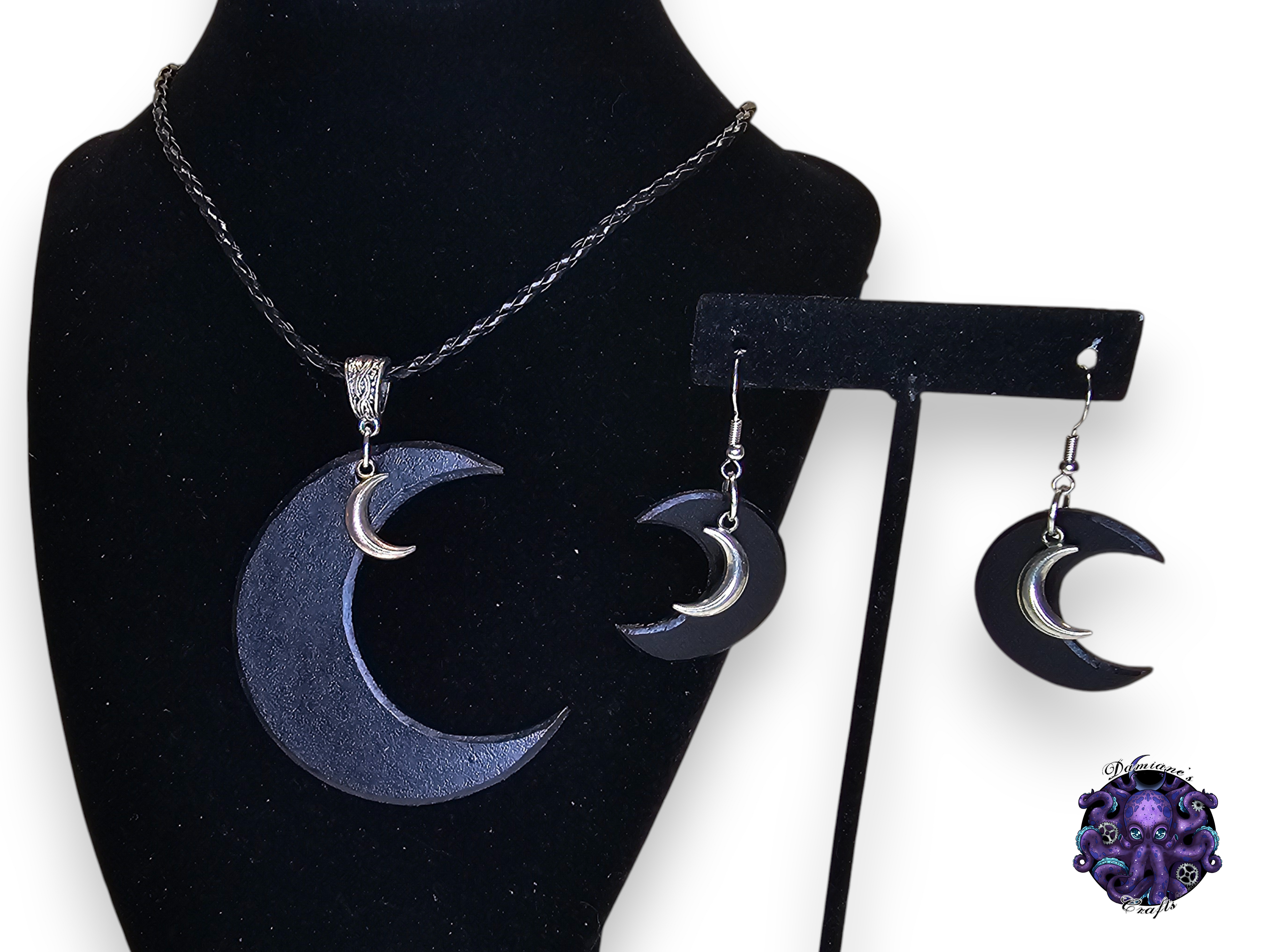Real leather, neckacle and earrings, kit, Crescent moon, magic, gothic, wicca, goddess