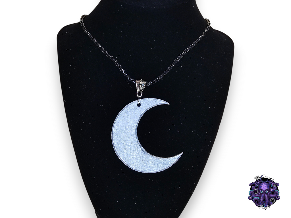 Collier en cuir véritable avec pendentif en forme de croissant de lune, grand format, style gothique, wicca, déesse et argent.