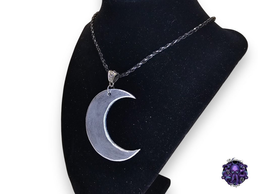 Collier en cuir véritable avec pendentif en forme de croissant de lune, grand format, style gothique, wicca, déesse et argent.