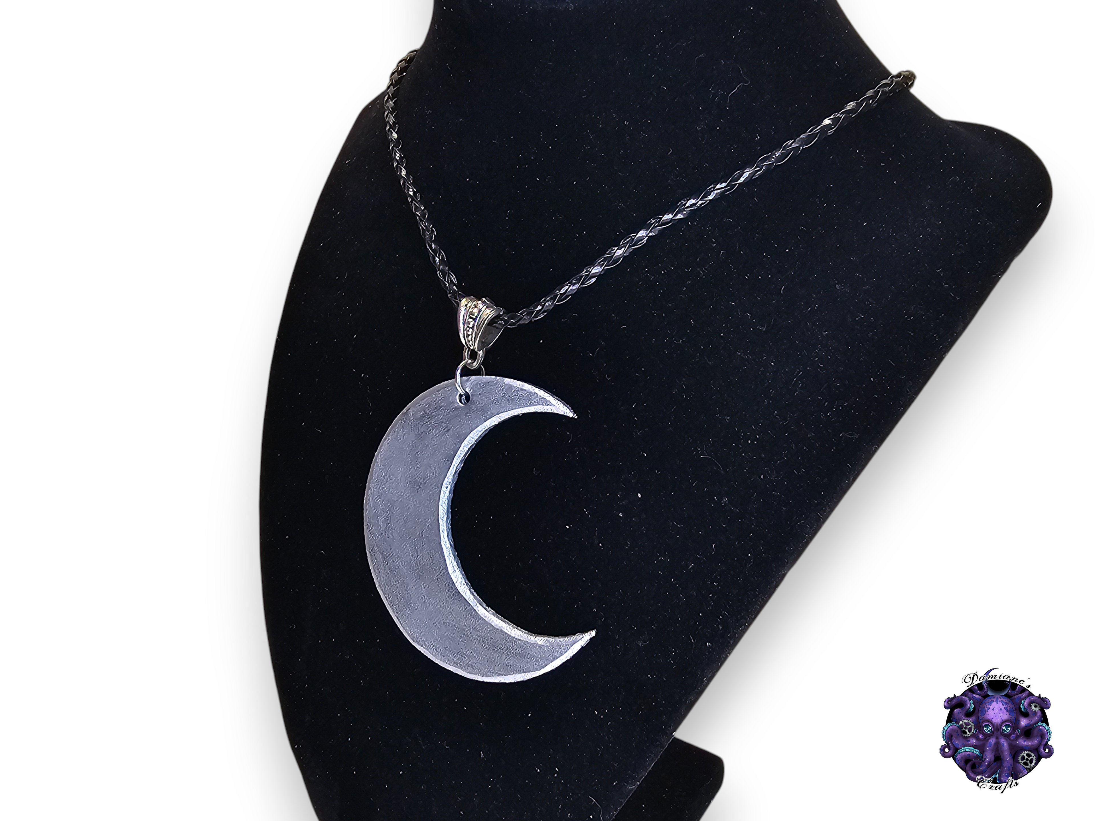 Real leather, neckacle, Pendant, Crescent moon, Large, magic, gothic, wicca, goddess, Silver
