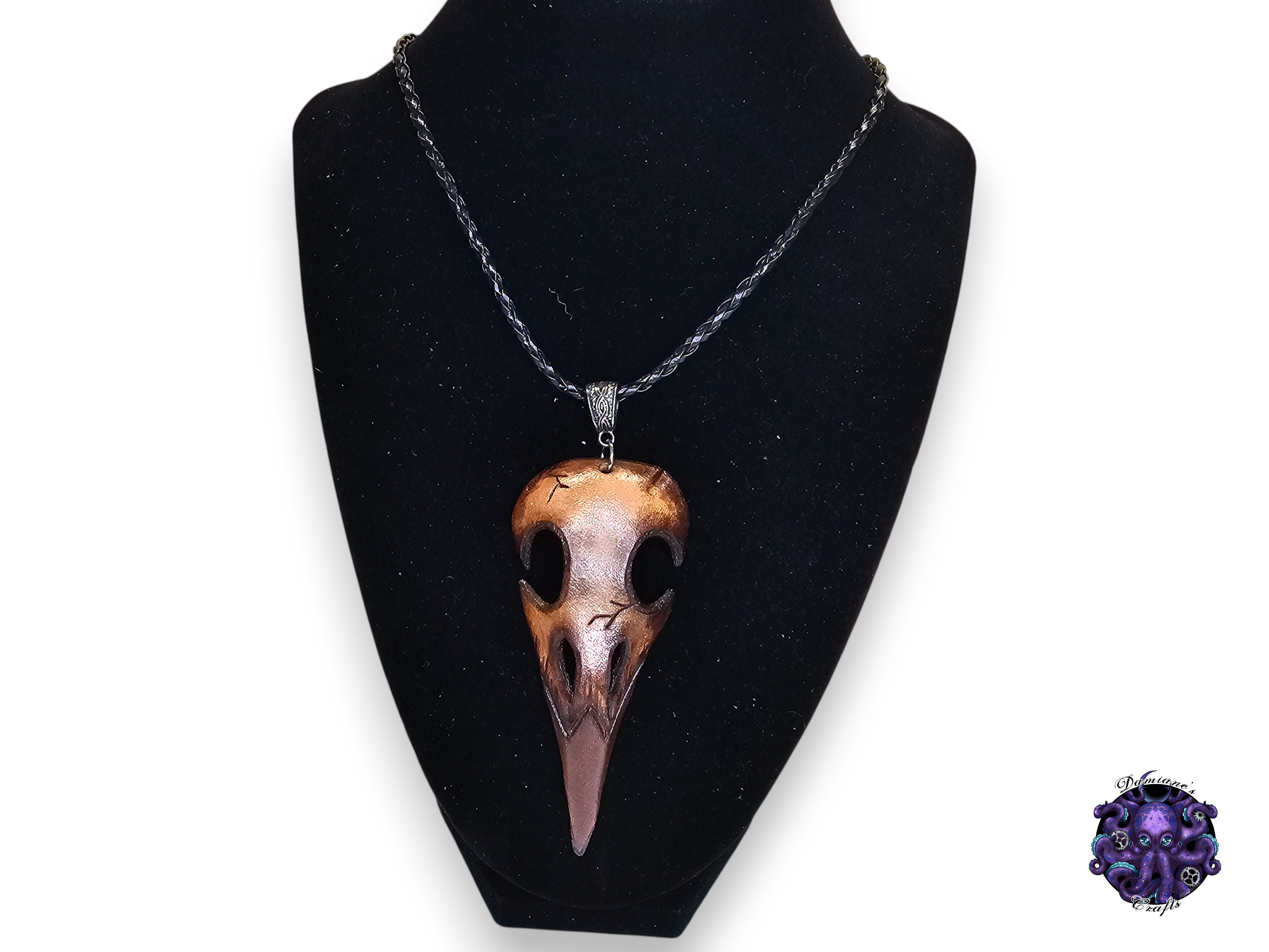 Real leather, necklace, pendant, Crow, Raven, Skull, Viking, Steampunk, Gothic