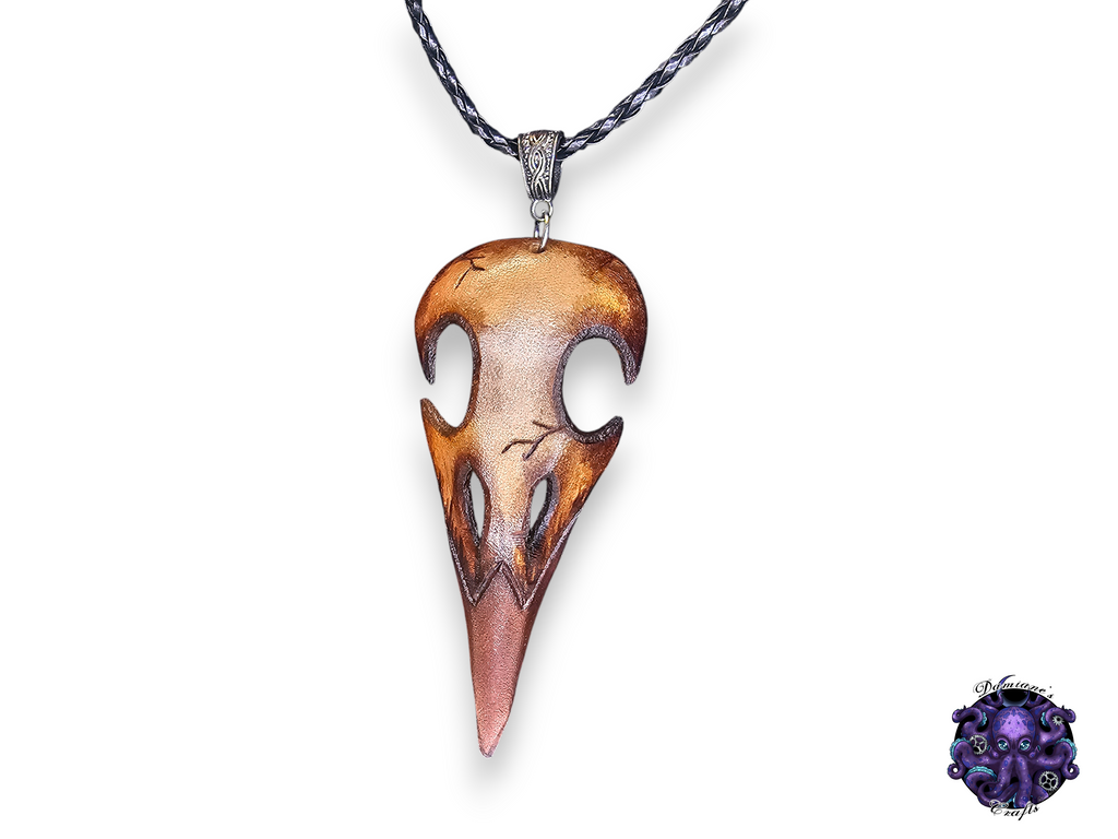 Real leather, necklace, pendant, Crow, Raven, Skull, Viking, Steampunk, Gothic