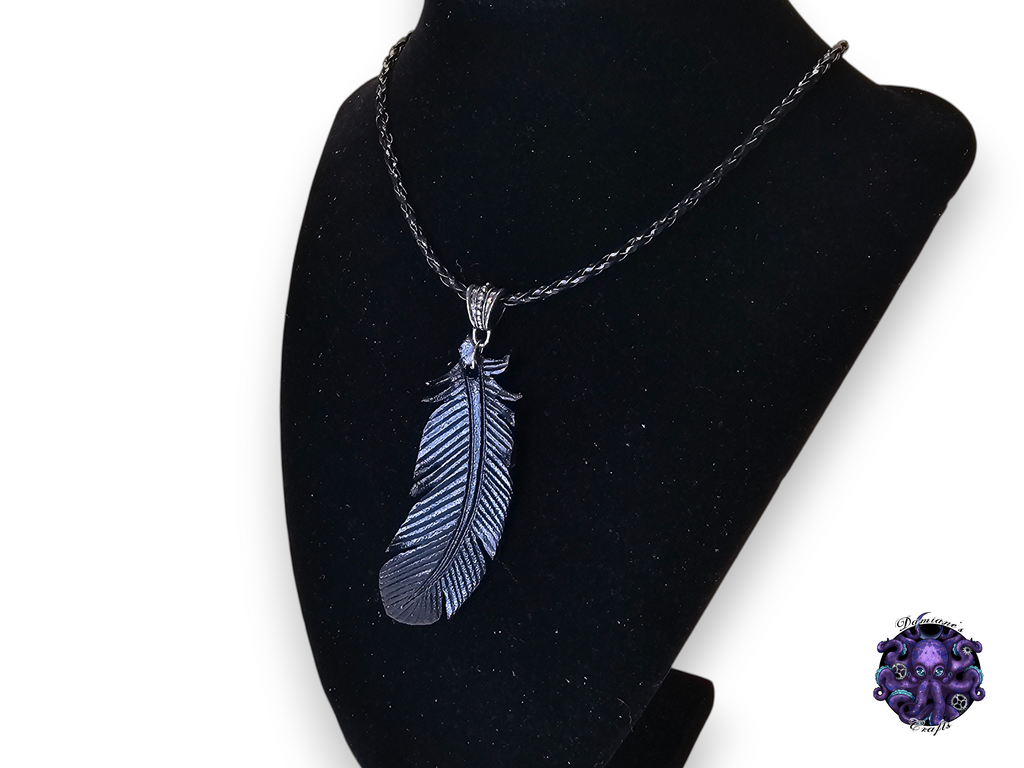 Real leather, Necklace, Pendant, Crow, Raven, Feather, Gothic, boho