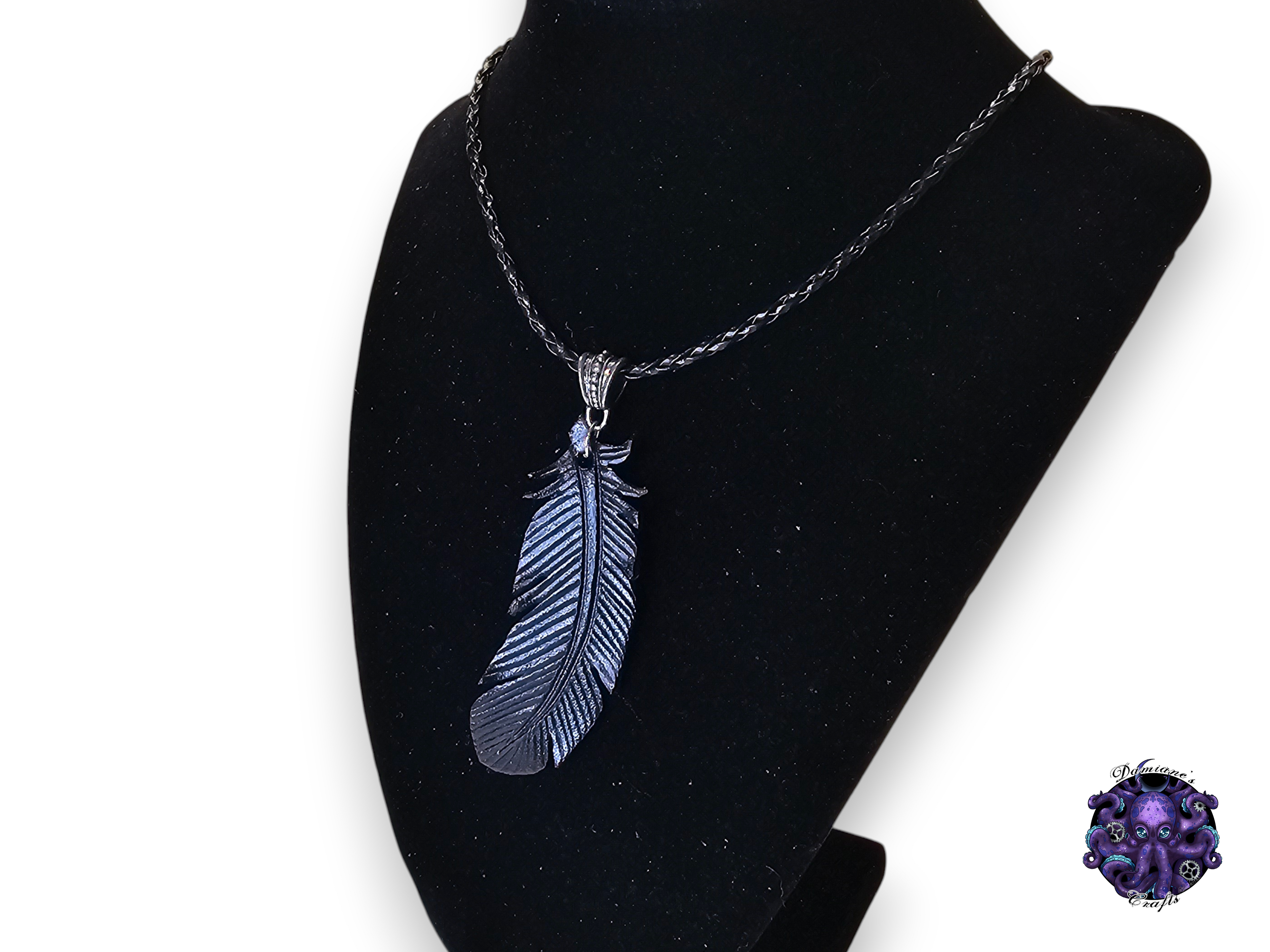 Real leather, Necklace, Pendant, Crow, Raven, Feather, Gothic, boho