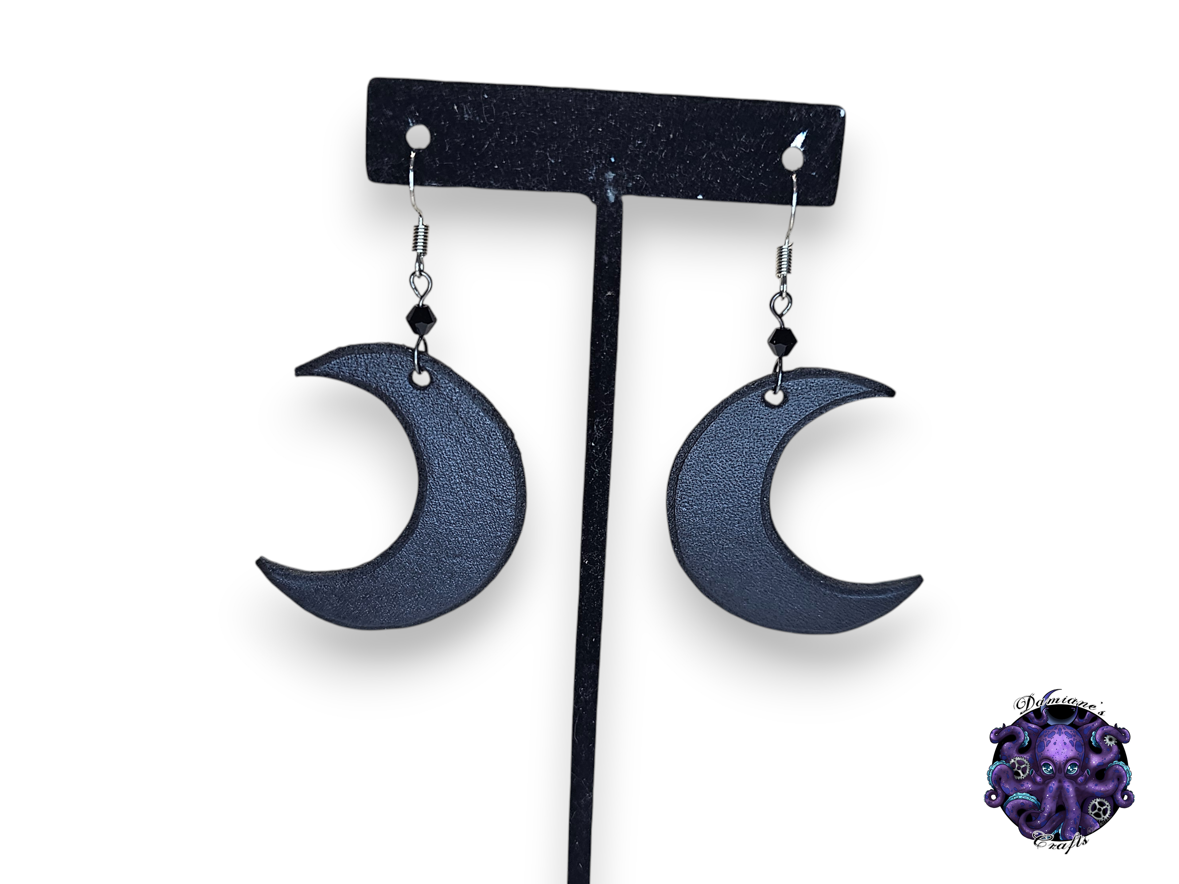 Earrings, Real leather, hook, Crescent Moon, Gothic, Magic, Wicca, Goddess, black, dark