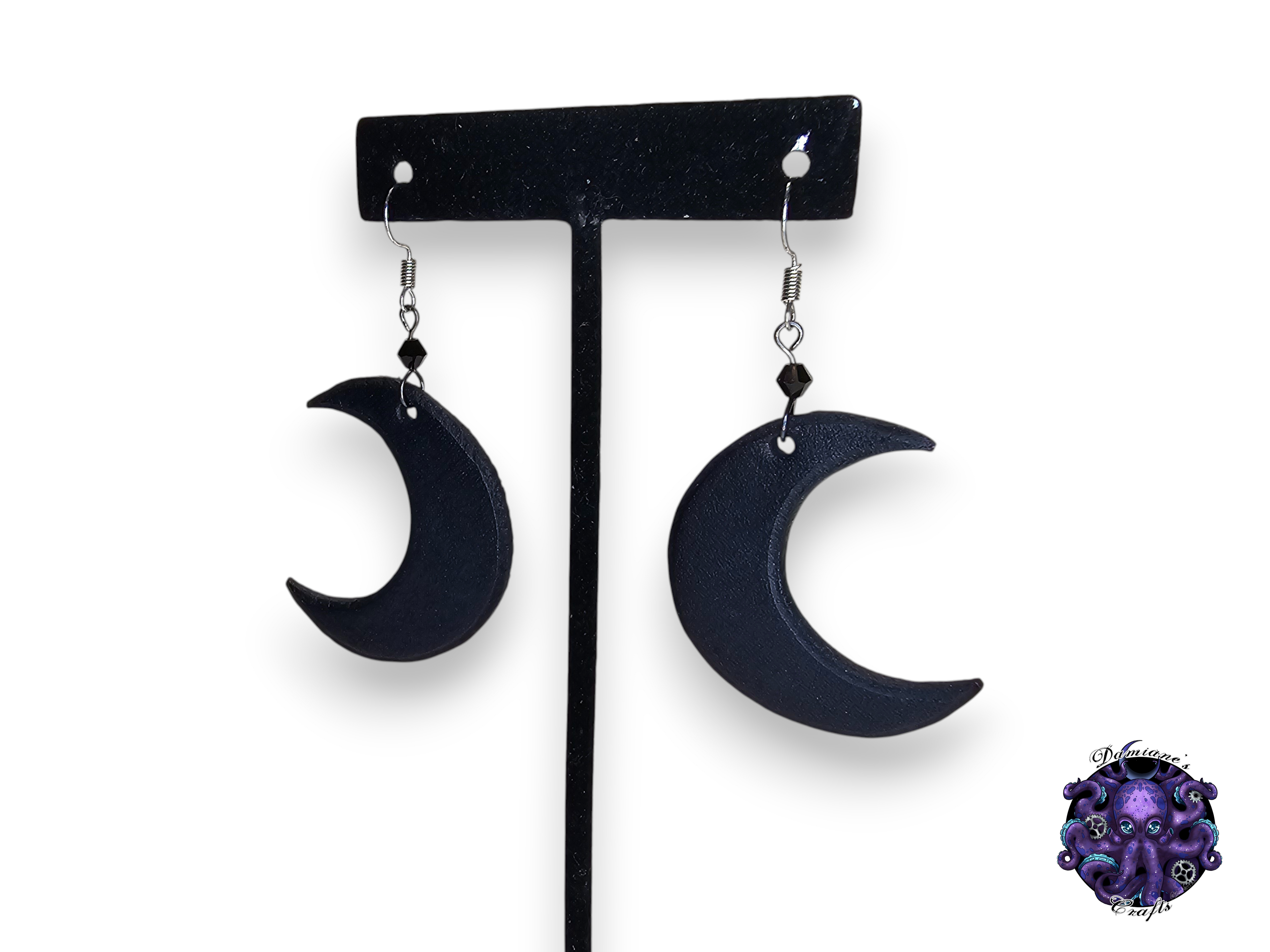 Earrings, Real leather, hook, Crescent Moon, Gothic, Magic, Wicca, Goddess, black, dark