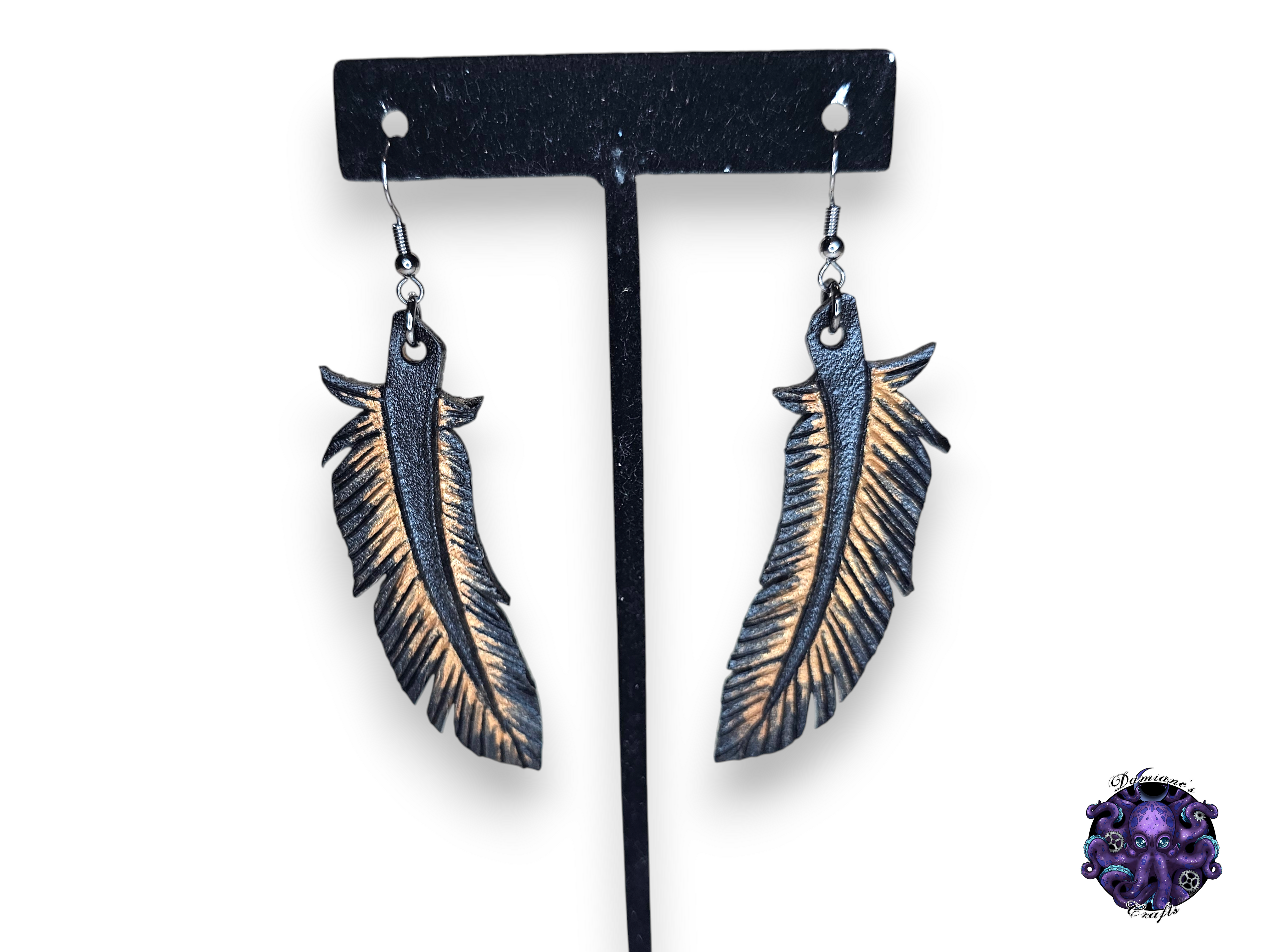 Earrings, Real leather, hook, Crow, Raven, Feathers, Halloween, Gothic, black, Gold