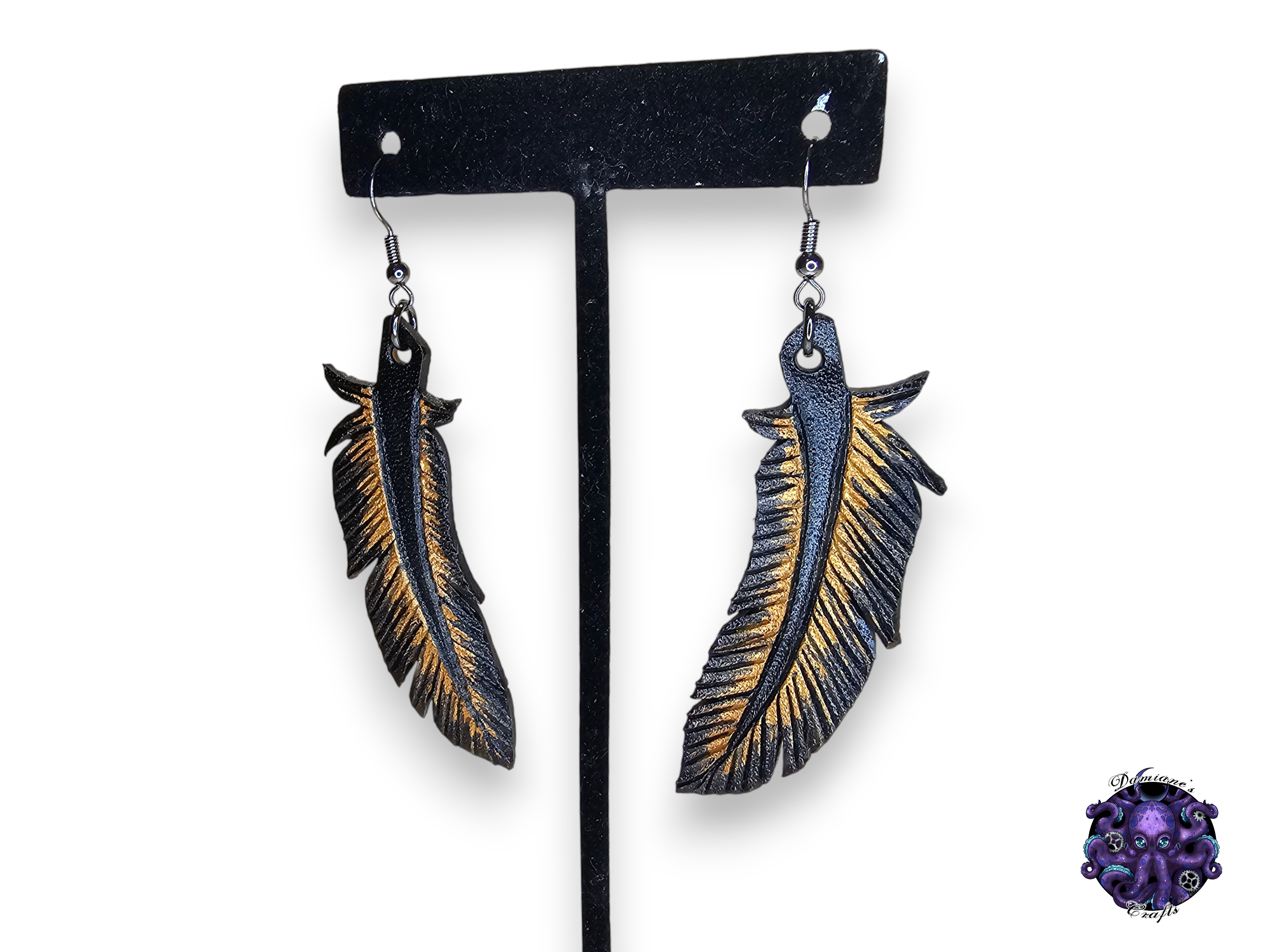 Earrings, Real leather, hook, Crow, Raven, Feathers, Halloween, Gothic, black, Gold