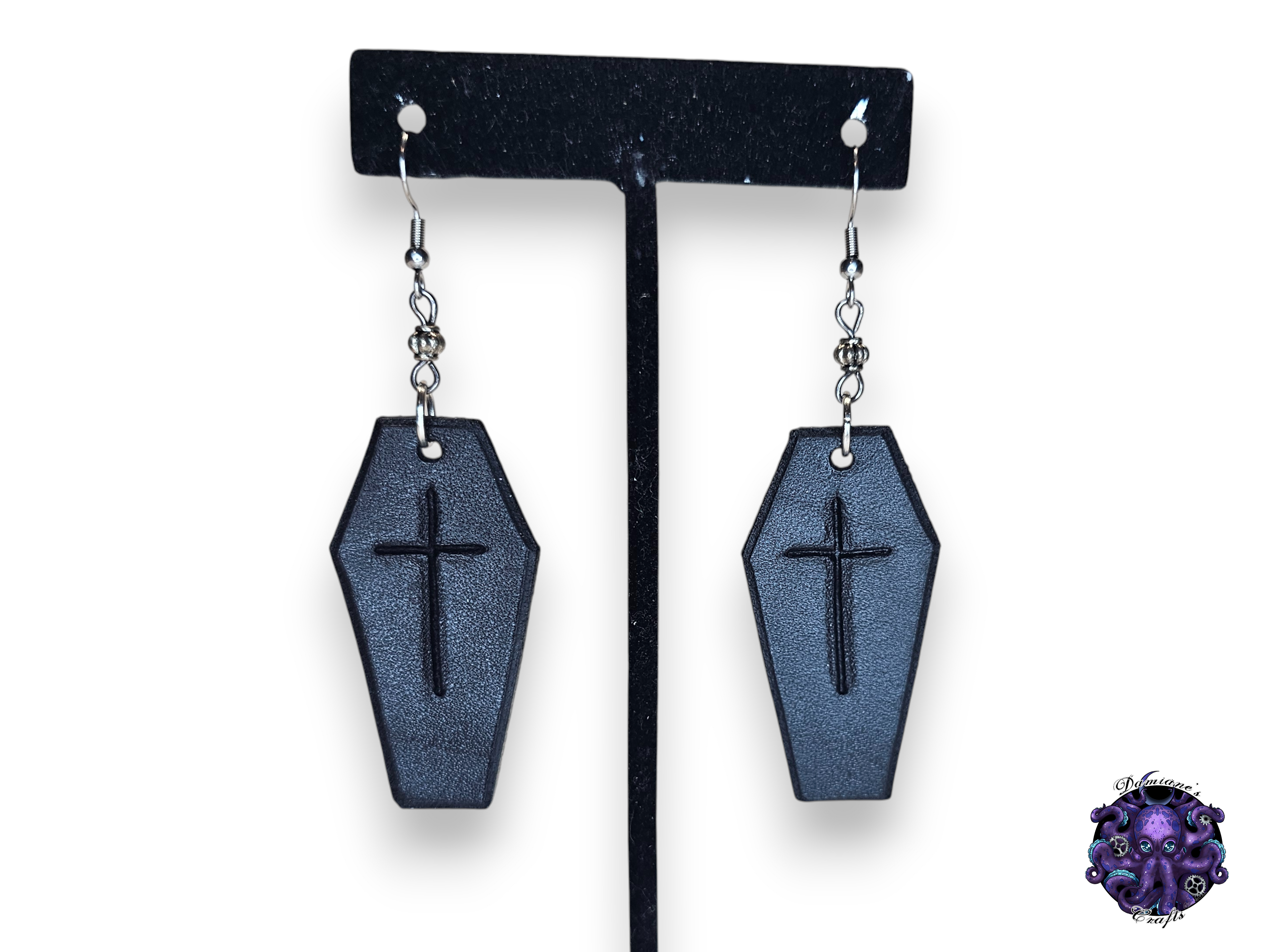 Earrings, Real leather, hook, Coffin, Cross, Vampire, Halloween, Gothic, black, dark
