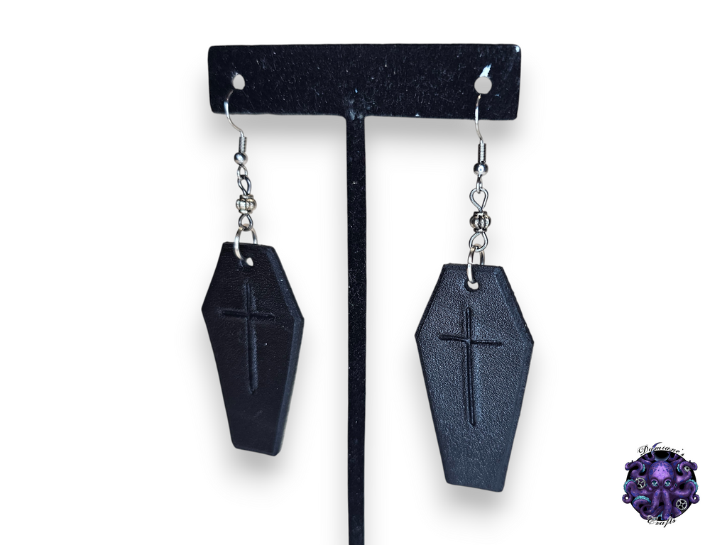 Pendientes, Cuero auténtico, Gancho, Ataúd, Cruz, Vampiro, Halloween, Gótico, Negro, Oscuro